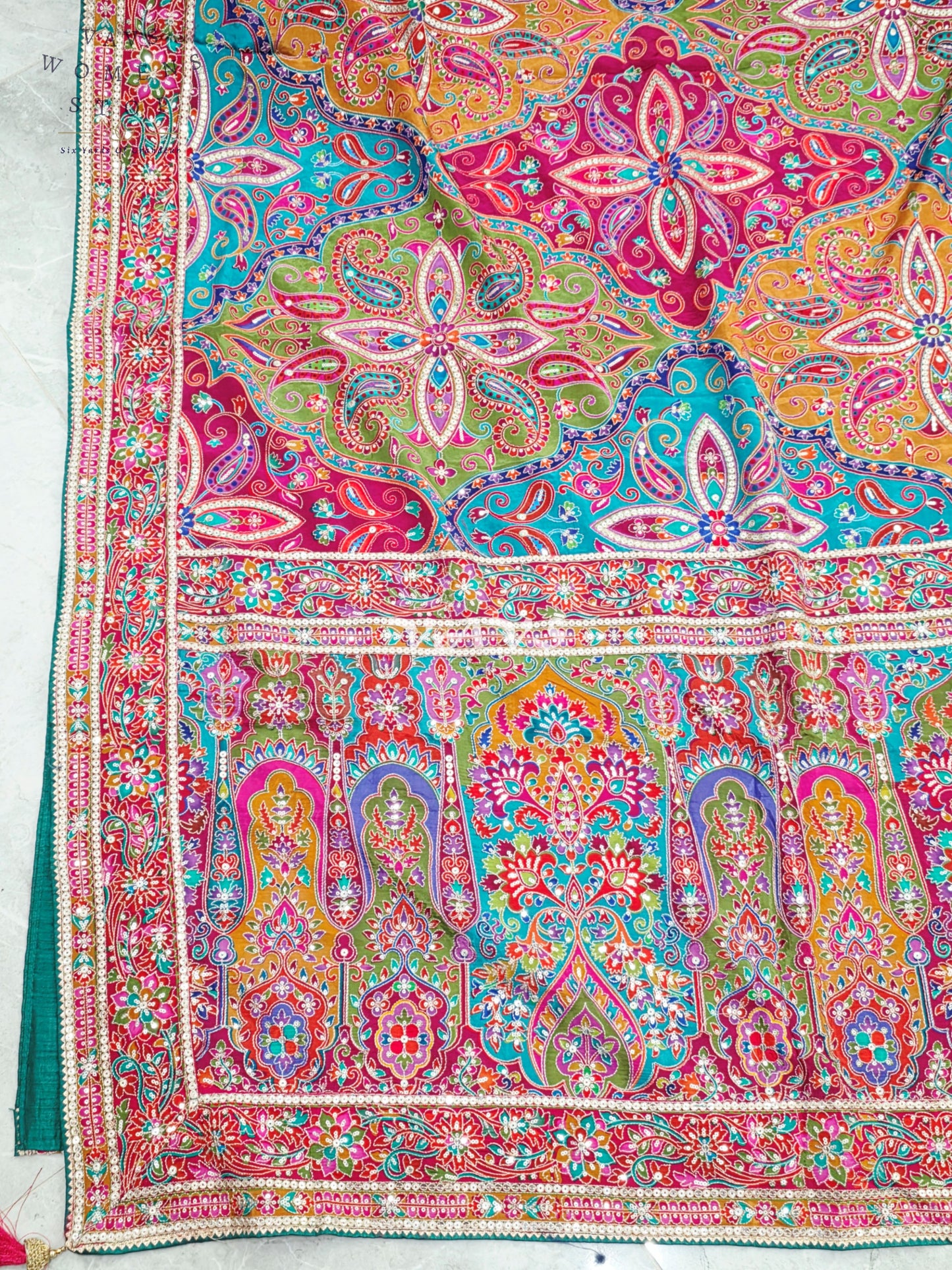 Rani Pink Jewel-Tone Chinon Crepe Silk Saree with All-Over Heritage Embroidery & Designer Blouse Size 40
