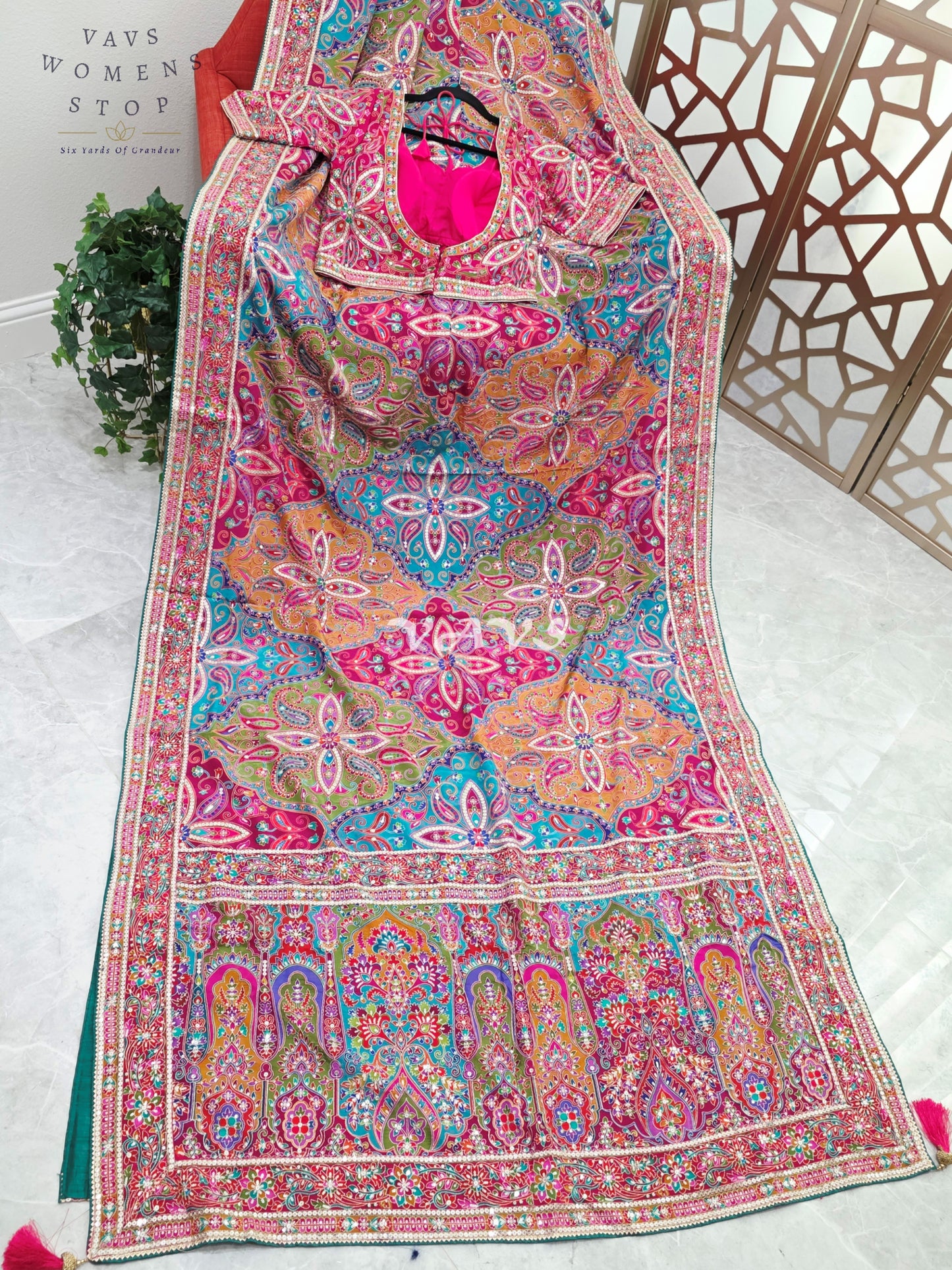 Rani Pink Jewel-Tone Chinon Crepe Silk Saree with All-Over Heritage Embroidery & Designer Blouse Size 40