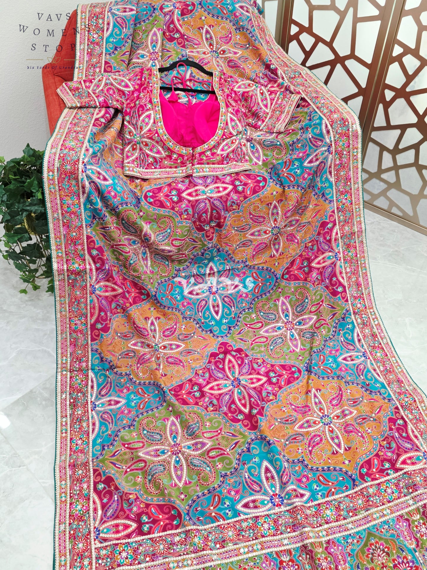 Rani Pink Jewel-Tone Chinon Crepe Silk Saree with All-Over Heritage Embroidery & Designer Blouse Size 40