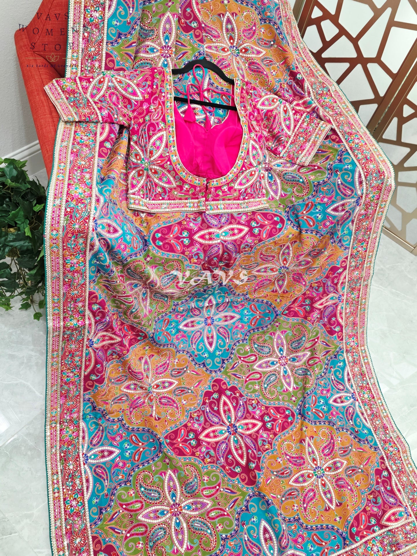 Rani Pink Jewel-Tone Chinon Crepe Silk Saree with All-Over Heritage Embroidery & Designer Blouse Size 40