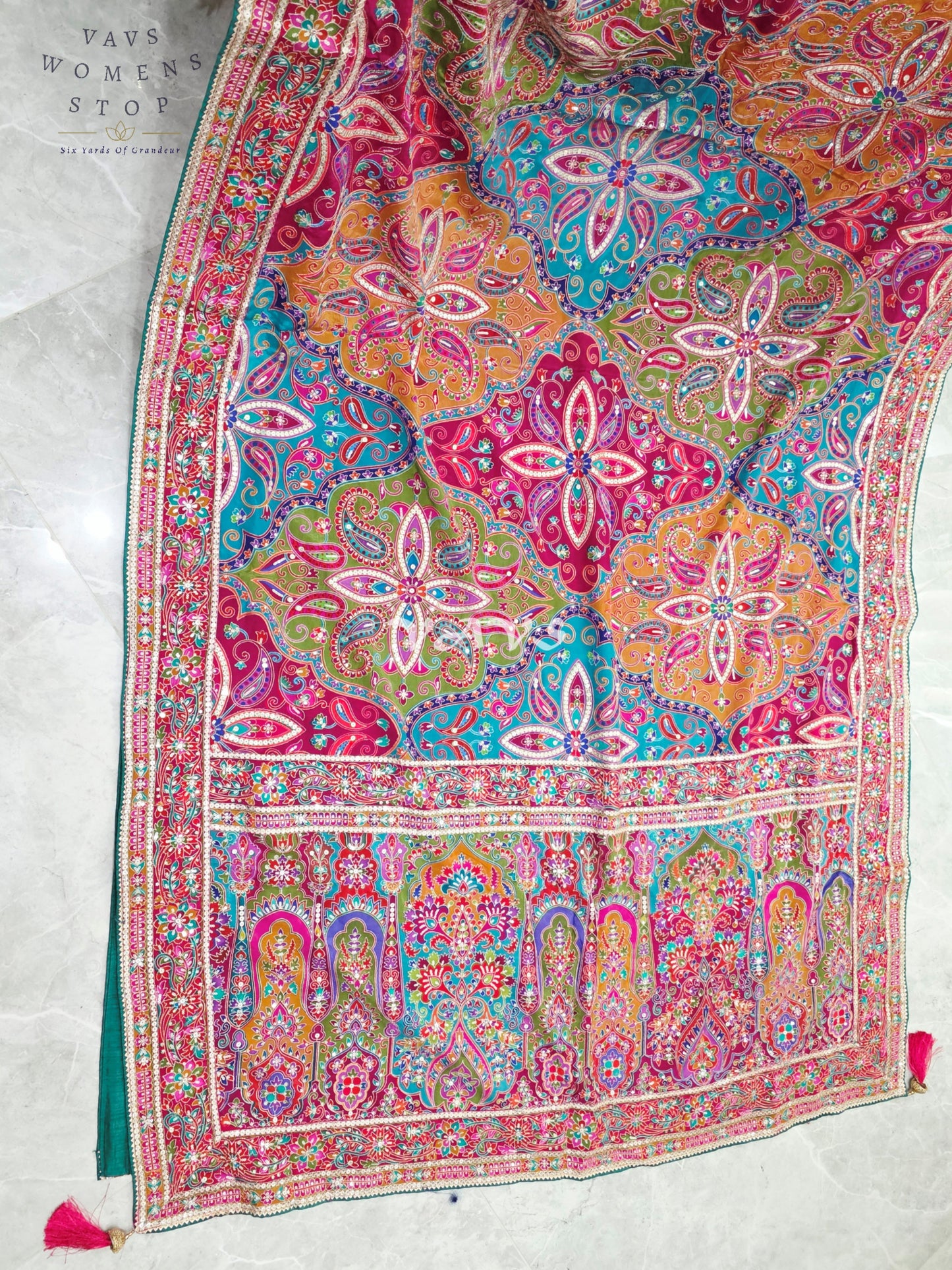 Rani Pink Jewel-Tone Chinon Crepe Silk Saree with All-Over Heritage Embroidery & Designer Blouse Size 40