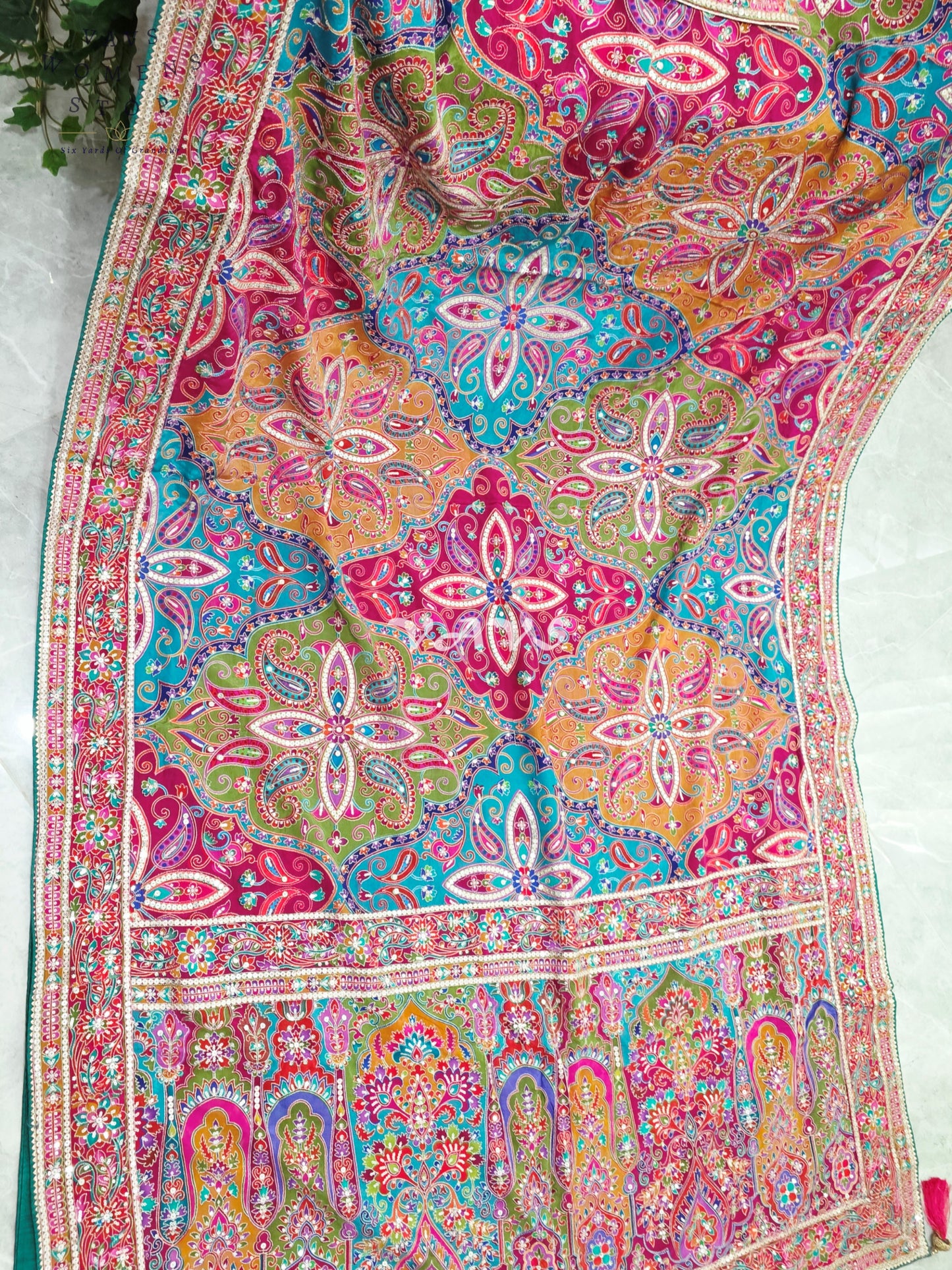 Rani Pink Jewel-Tone Chinon Crepe Silk Saree with All-Over Heritage Embroidery & Designer Blouse Size 40