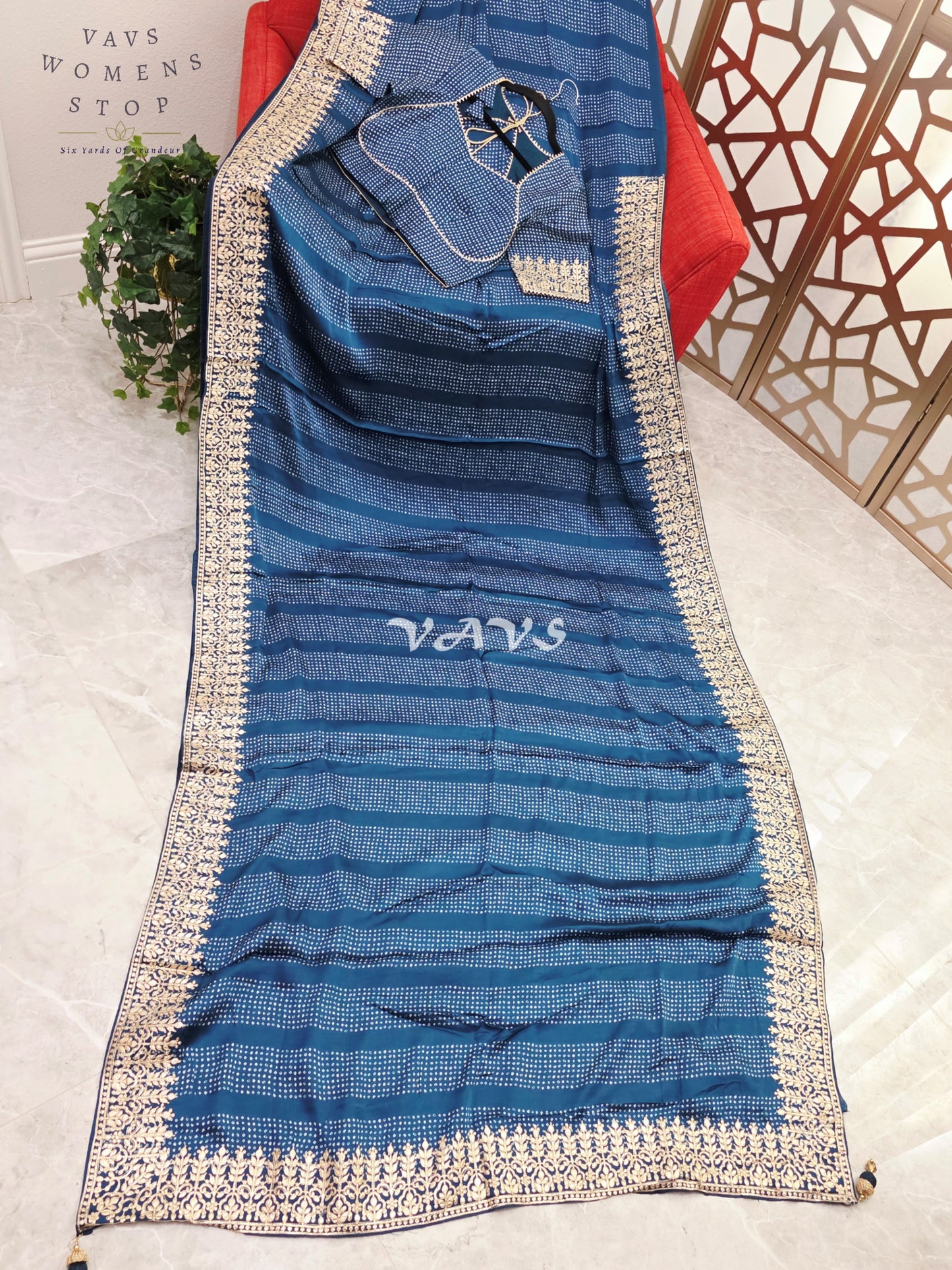 Royal Sapphire Blue Pure Gajji Silk Bandhani Saree with Gold Gota Patti Border & Stitched Blouse Size 36-42