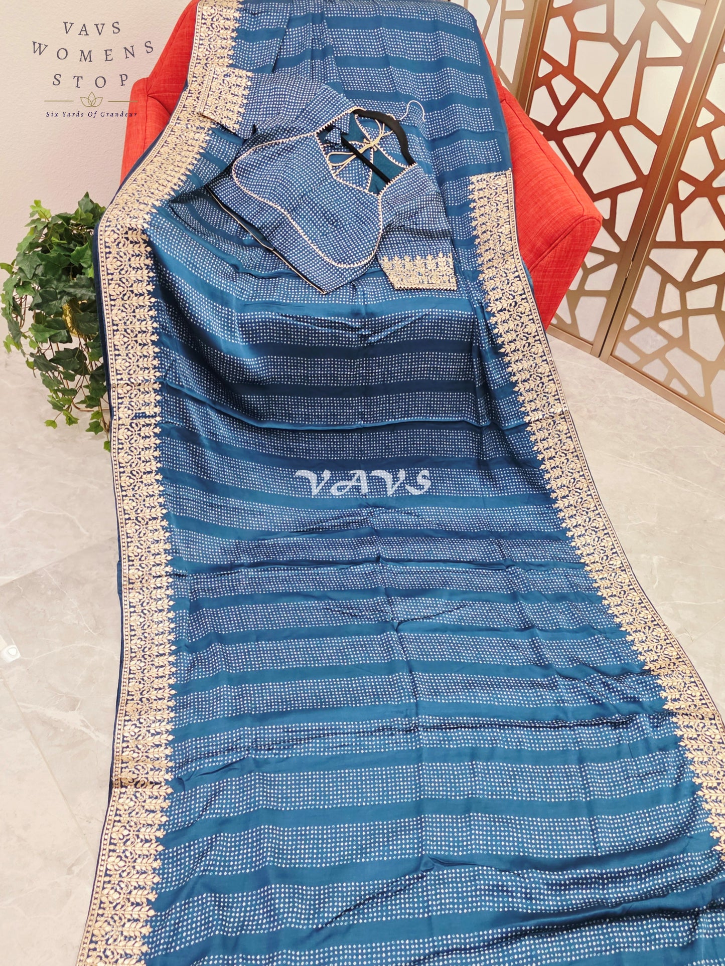 Royal Sapphire Blue Pure Gajji Silk Bandhani Saree with Gold Gota Patti Border & Stitched Blouse Size 36-42