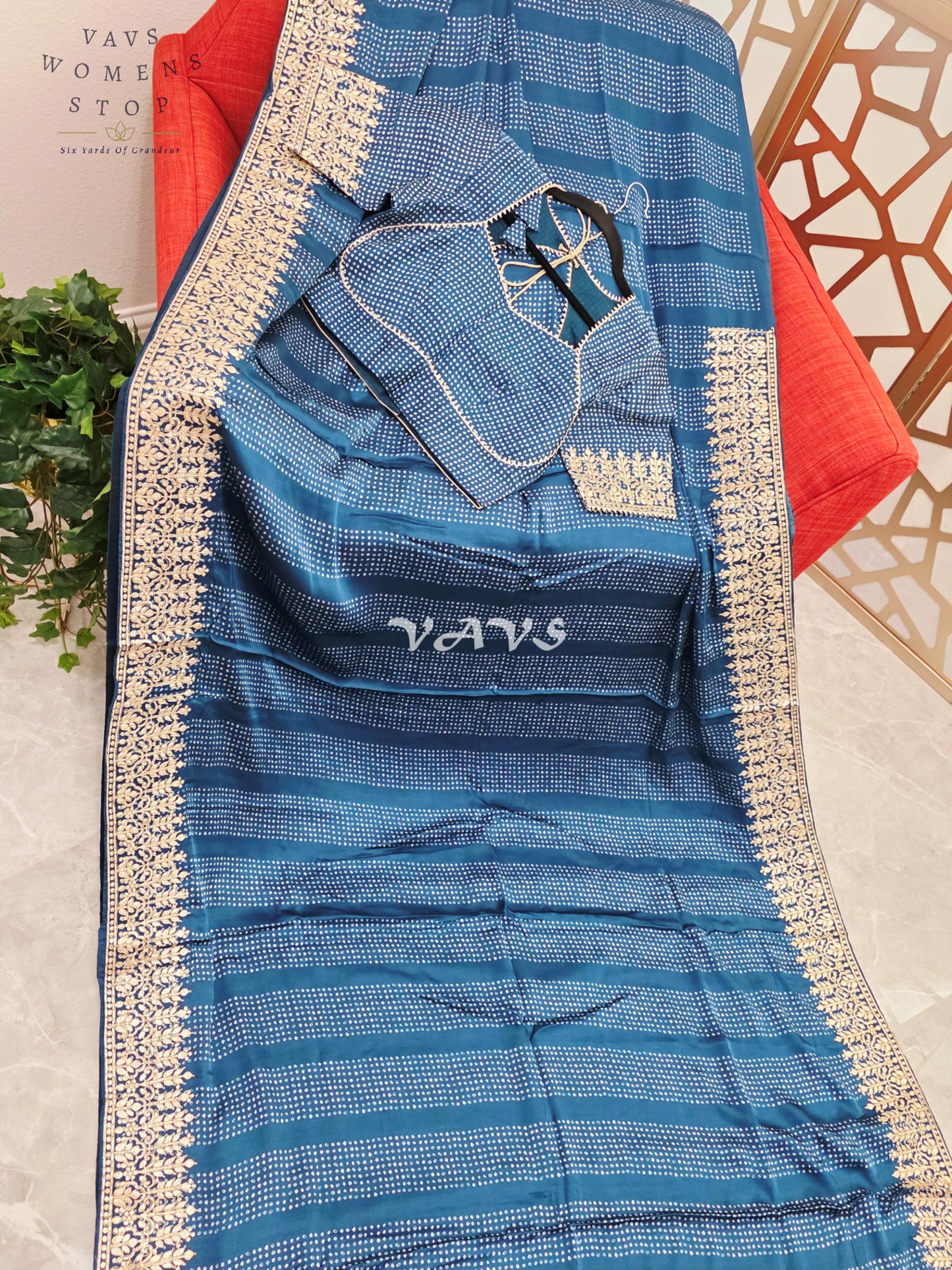 Royal Sapphire Blue Pure Gajji Silk Bandhani Saree with Gold Gota Patti Border & Stitched Blouse Size 36-42