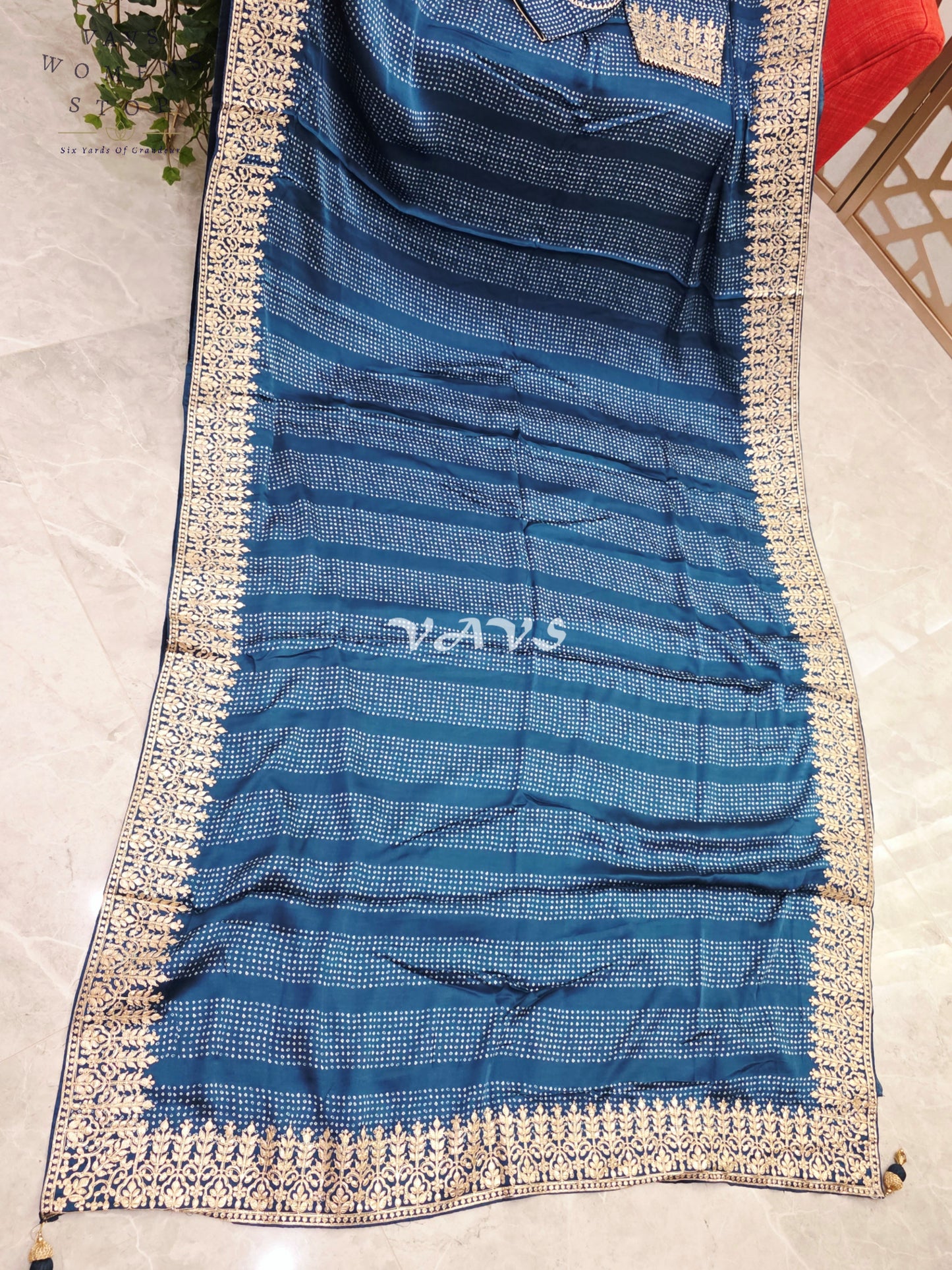 Royal Sapphire Blue Pure Gajji Silk Bandhani Saree with Gold Gota Patti Border & Stitched Blouse Size 36-42