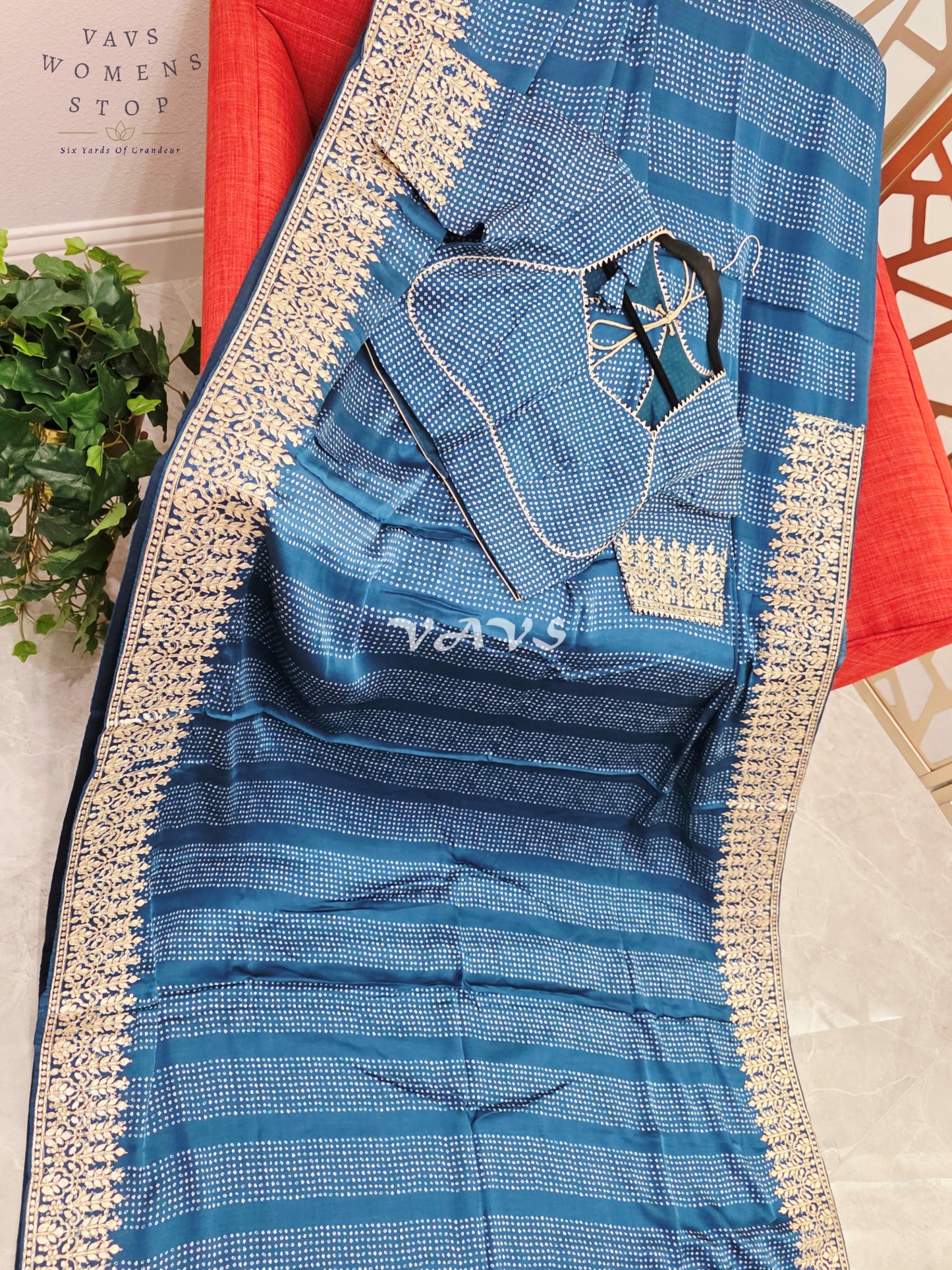 Royal Sapphire Blue Pure Gajji Silk Bandhani Saree with Gold Gota Patti Border & Stitched Blouse Size 36-42