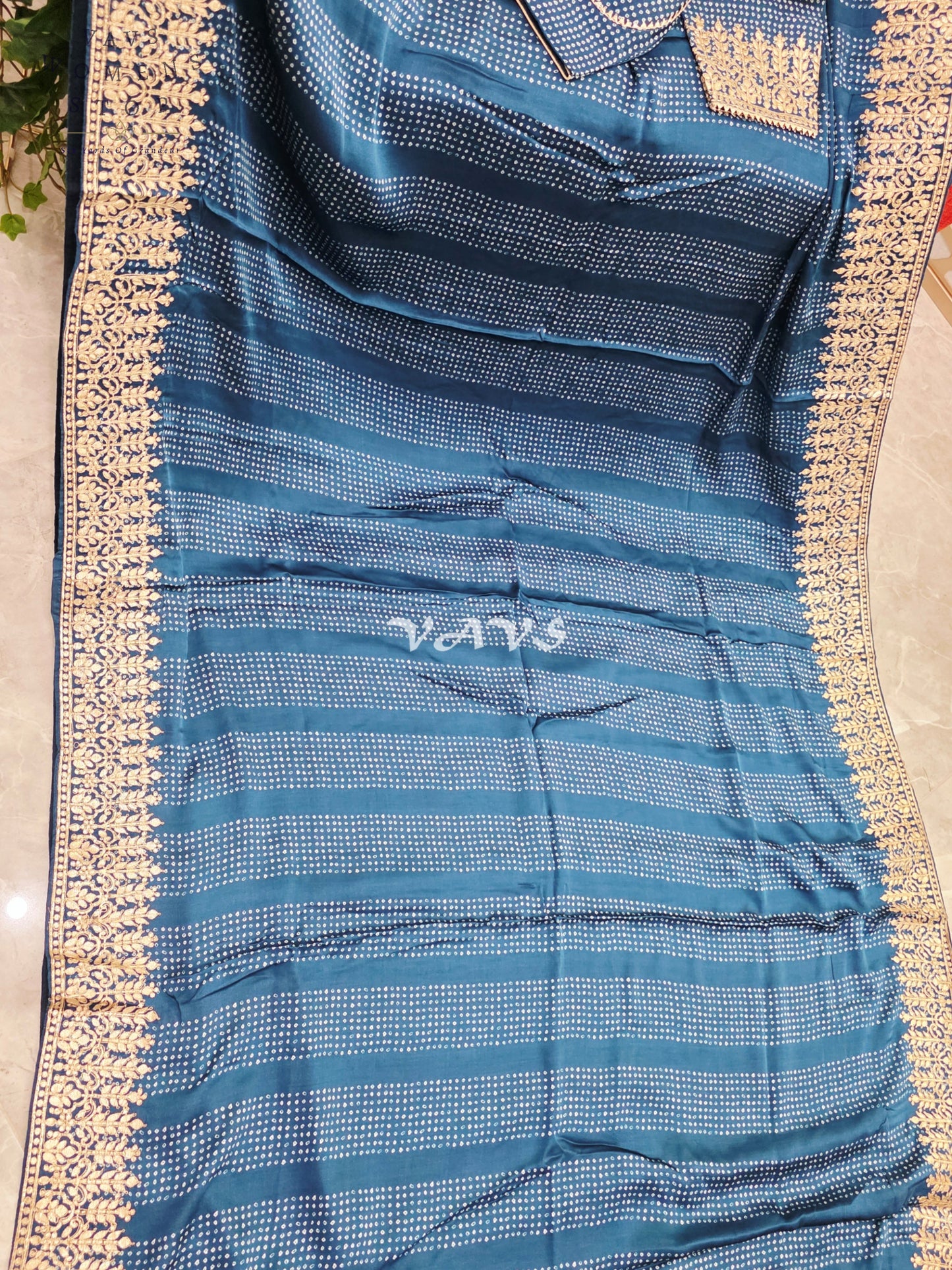 Royal Sapphire Blue Pure Gajji Silk Bandhani Saree with Gold Gota Patti Border & Stitched Blouse Size 36-42