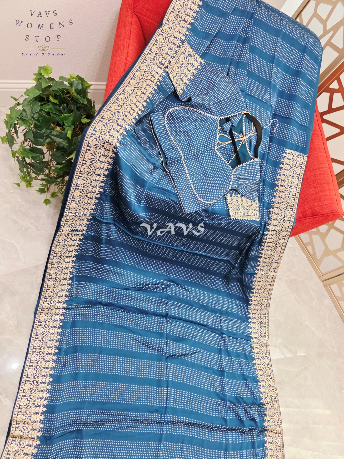 Royal Sapphire Blue Pure Gajji Silk Bandhani Saree with Gold Gota Patti Border & Stitched Blouse Size 36-42
