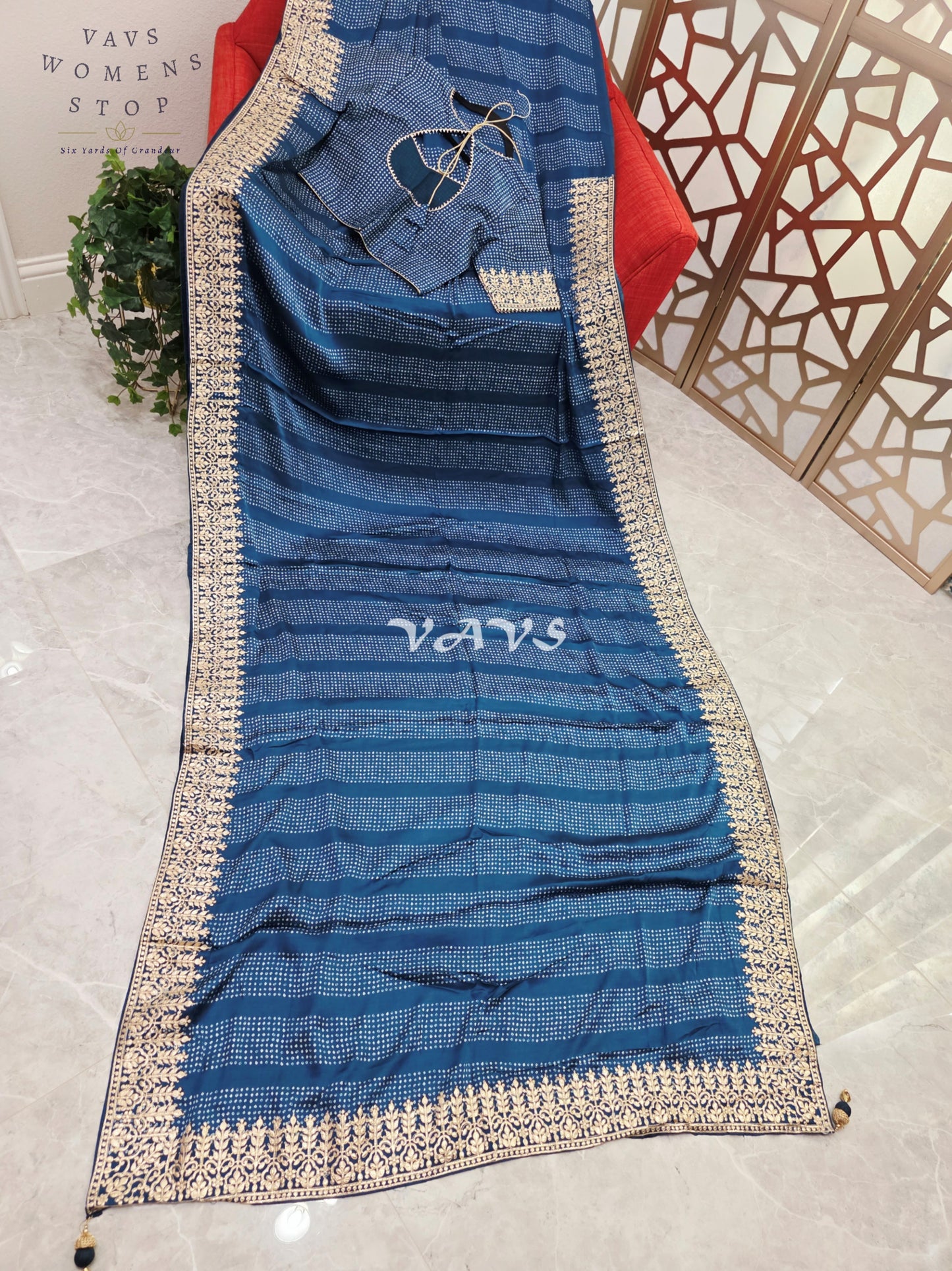 Royal Sapphire Blue Pure Gajji Silk Bandhani Saree with Gold Gota Patti Border & Stitched Blouse Size 36-42