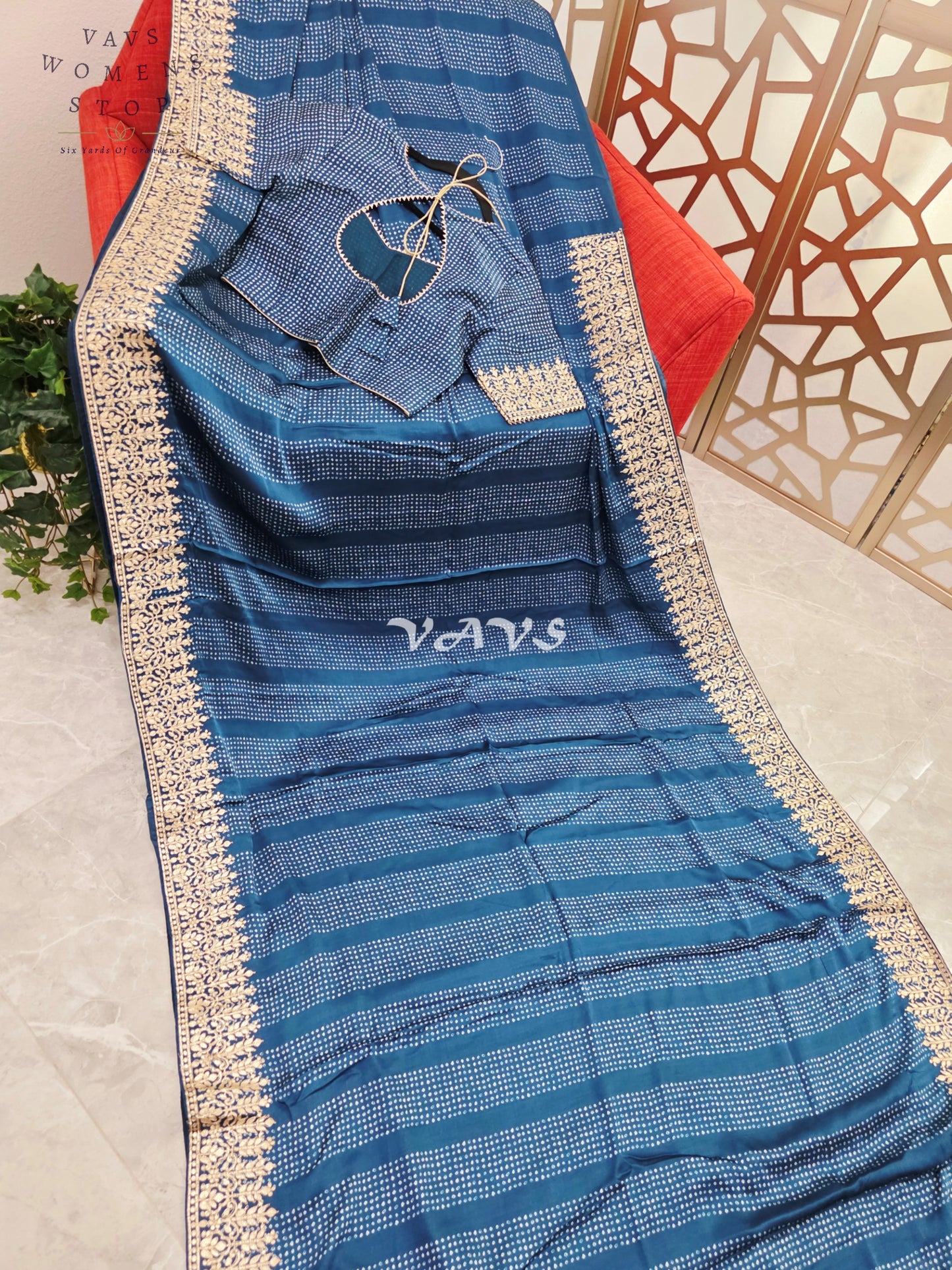Royal Sapphire Blue Pure Gajji Silk Bandhani Saree with Gold Gota Patti Border & Stitched Blouse Size 36-42