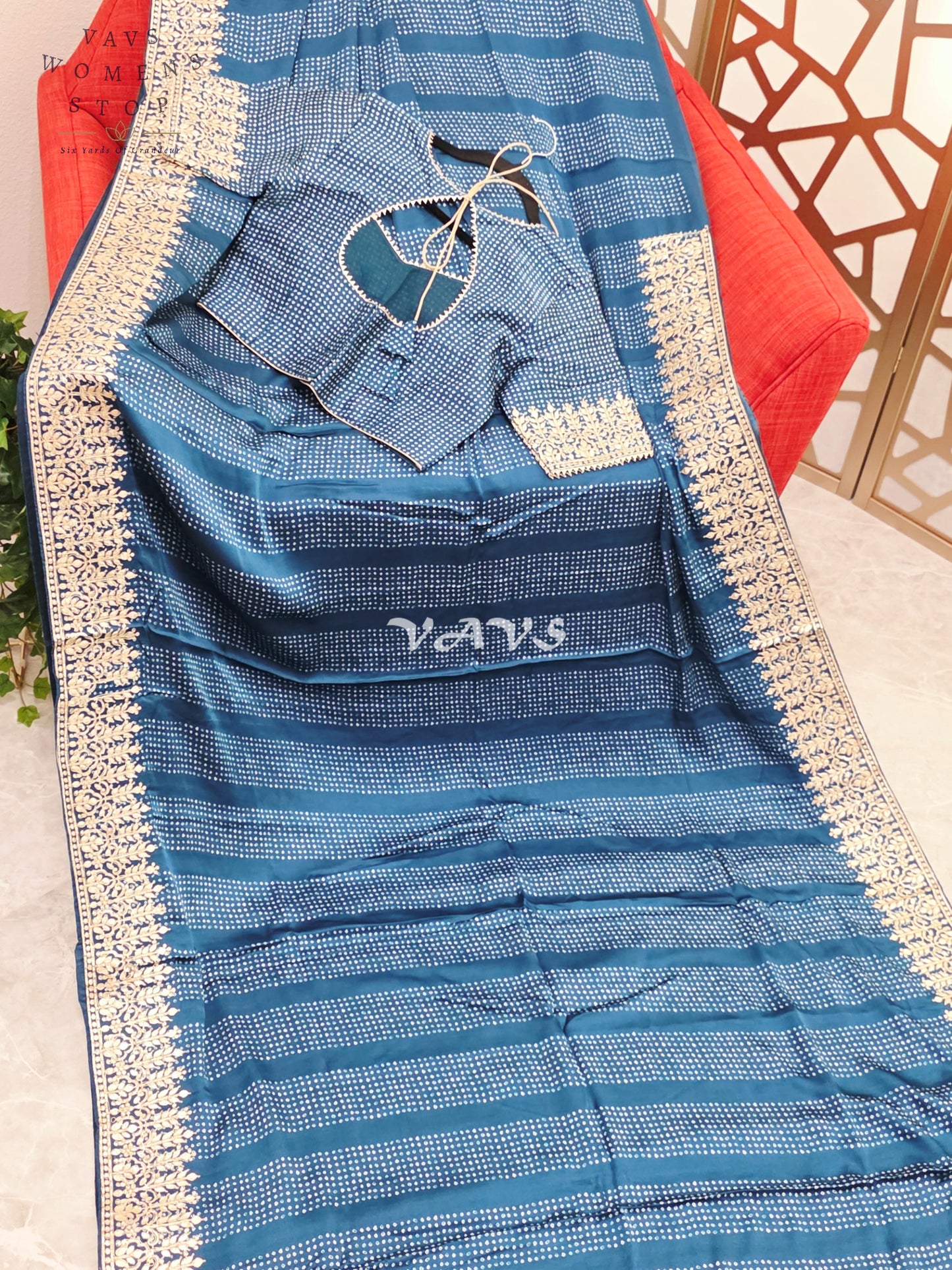 Royal Sapphire Blue Pure Gajji Silk Bandhani Saree with Gold Gota Patti Border & Stitched Blouse Size 36-42