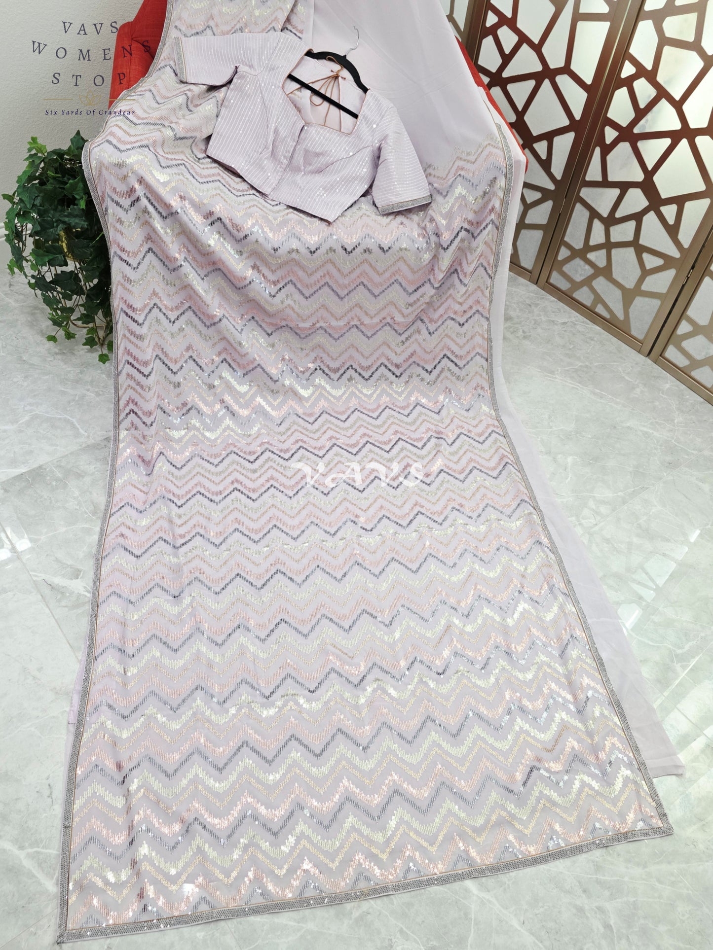 Pearl Lilac Viscose Georgette Chevron Sequin Saree with Stitched Blouse Size 34, Extendable to 40