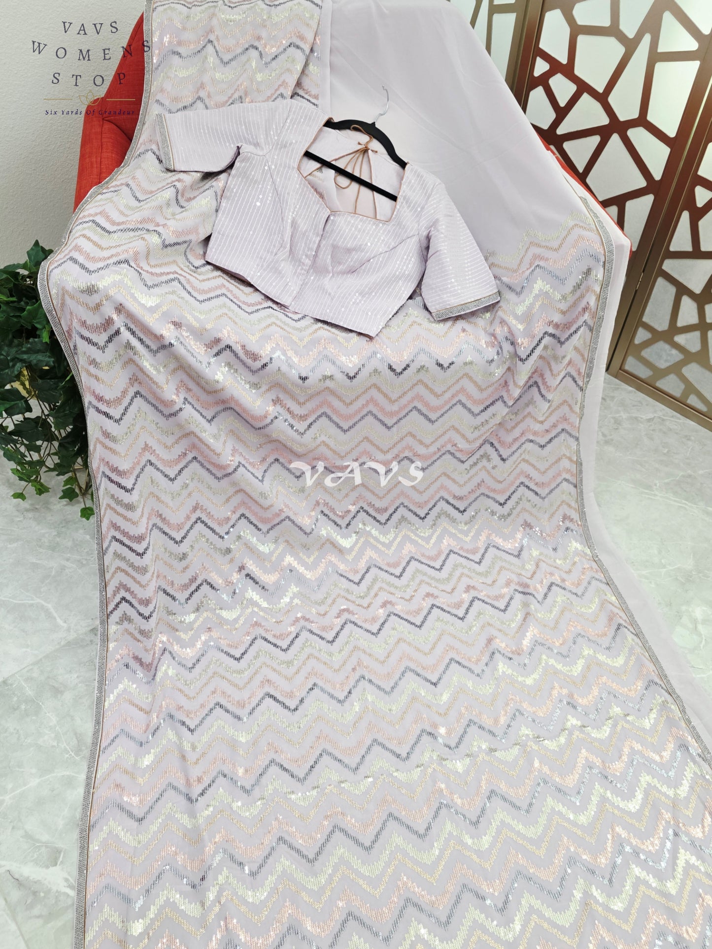 Pearl Lilac Viscose Georgette Chevron Sequin Saree with Stitched Blouse Size 34, Extendable to 40