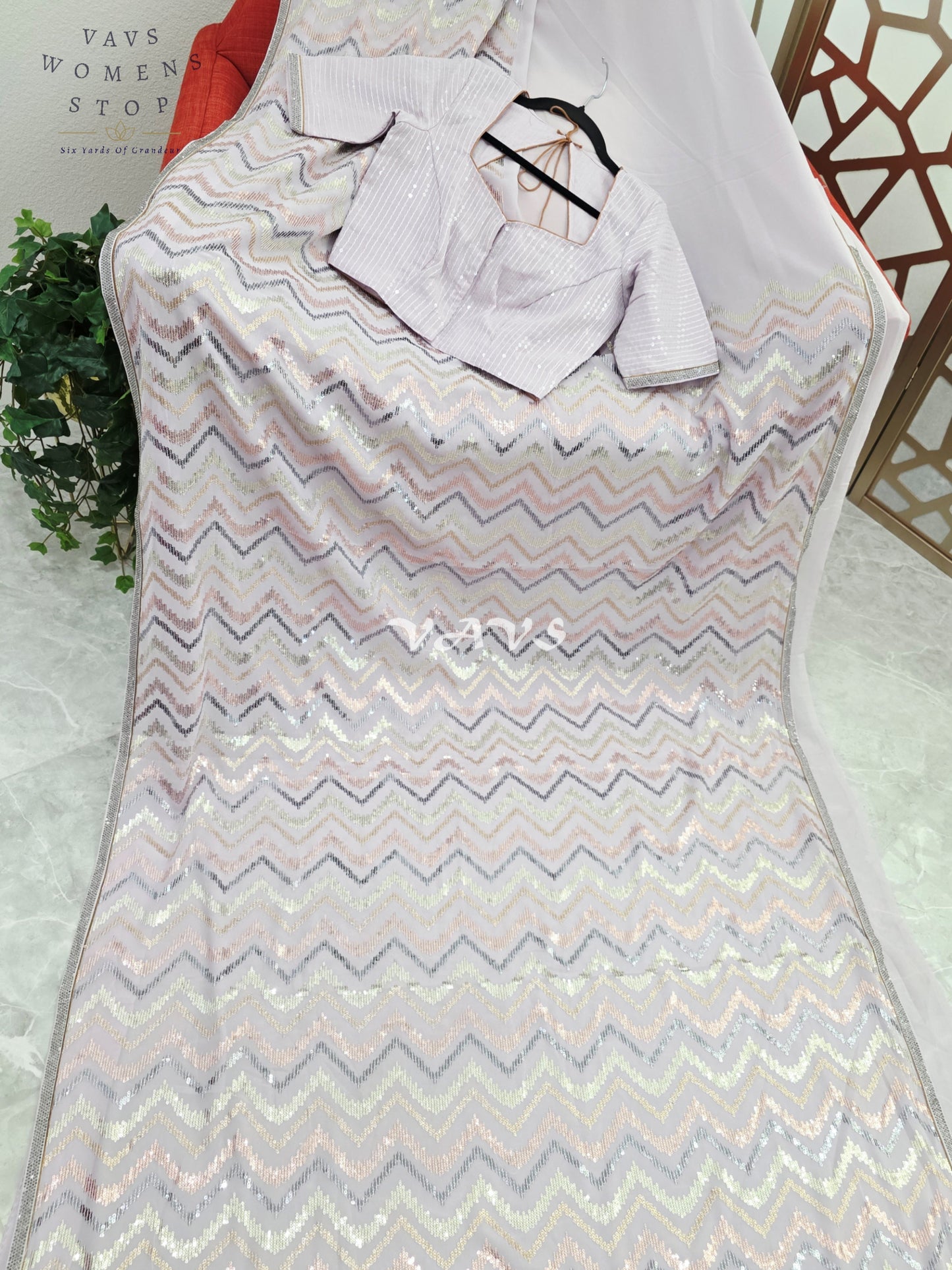 Moonlit Lavender Premium Georgette Saree with Multicolor Chevron Sequins & Stitched Blouse Size 34-40