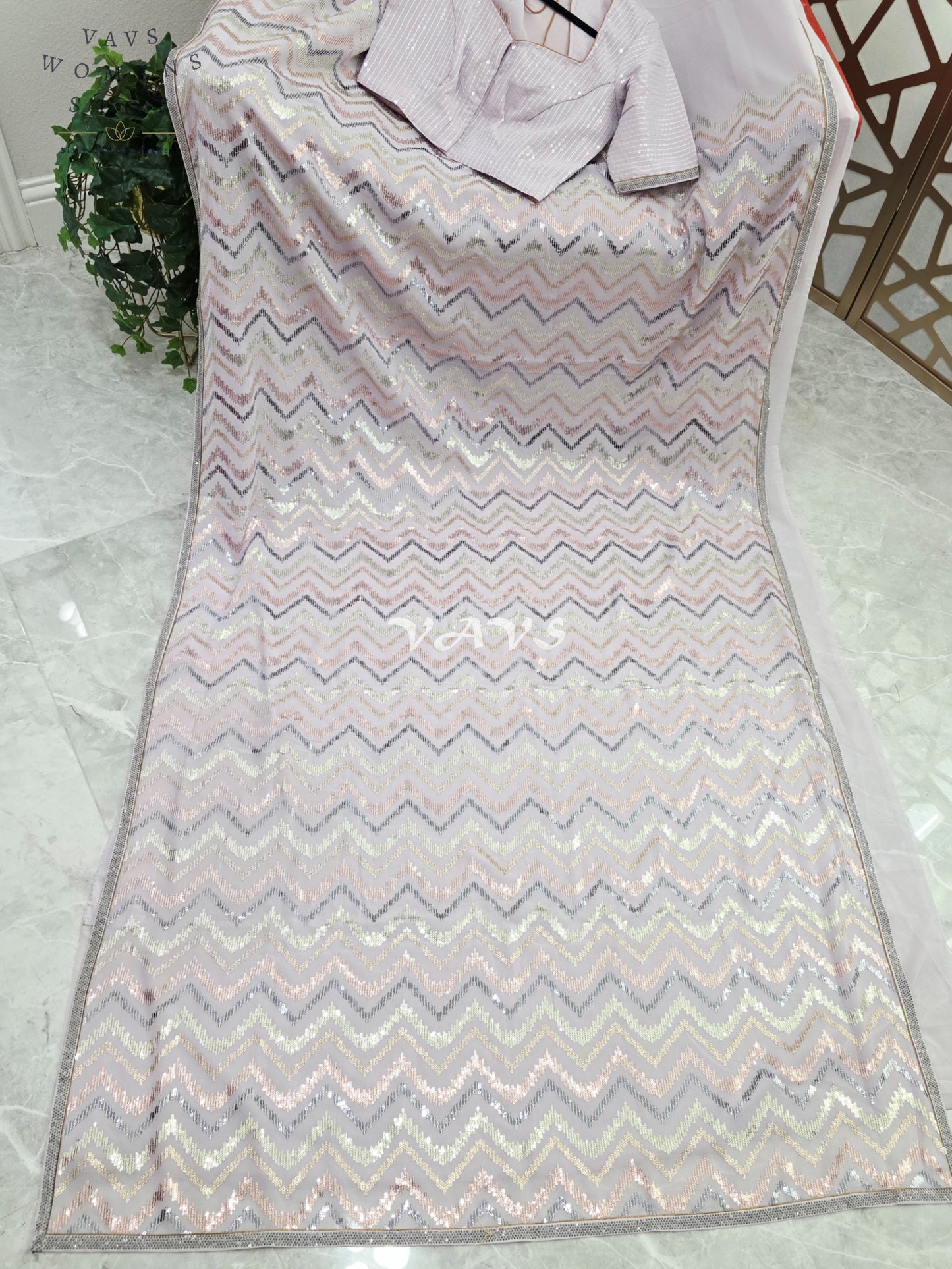 Pearl Lilac Viscose Georgette Chevron Sequin Saree with Stitched Blouse Size 34, Extendable to 40