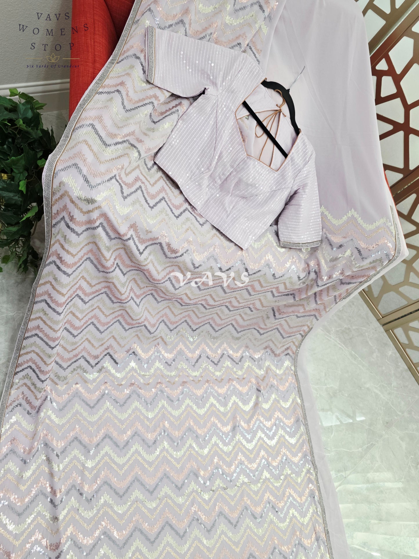 Moonlit Lavender Premium Georgette Saree with Multicolor Chevron Sequins & Stitched Blouse Size 34-40