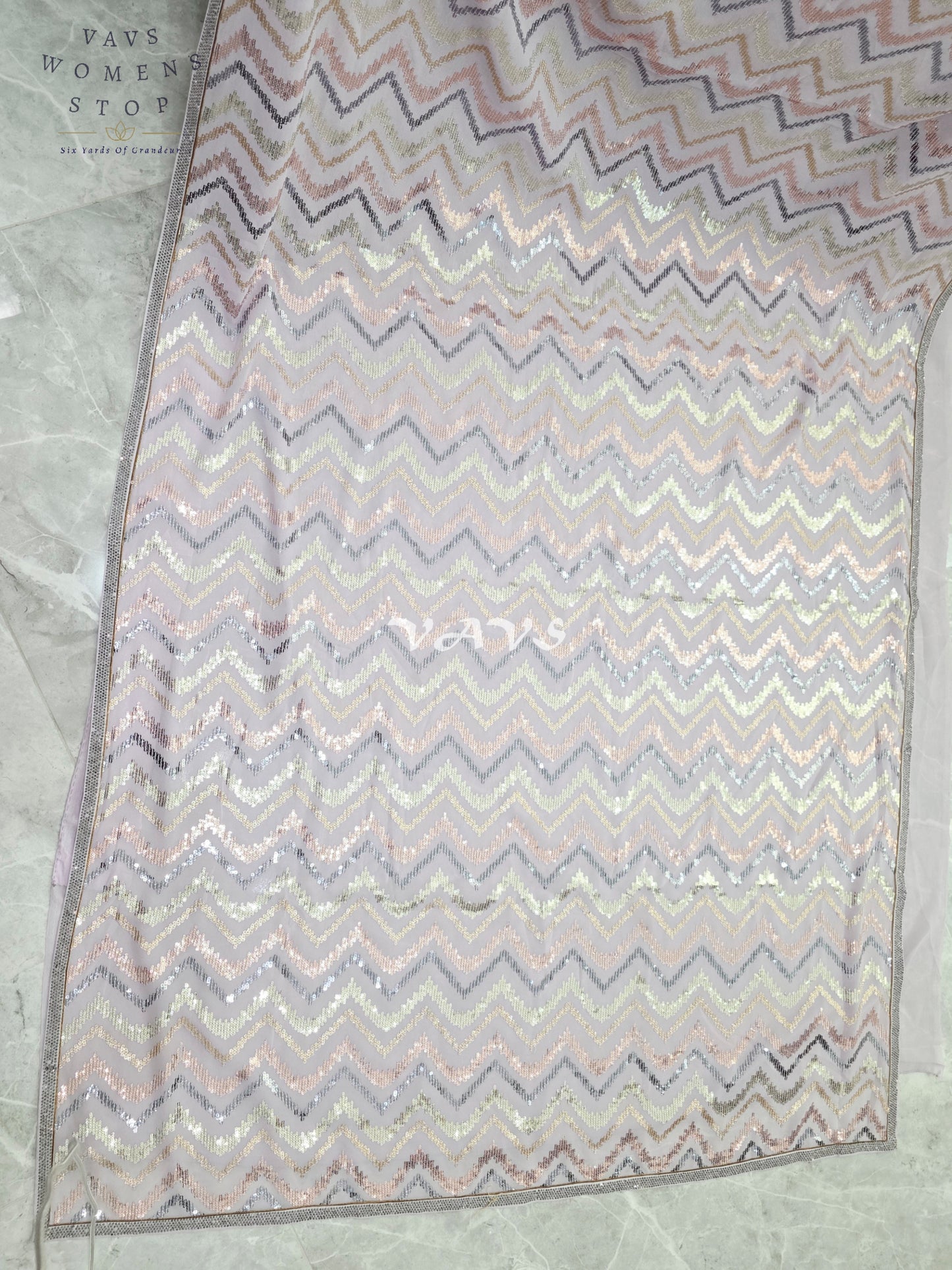 Pearl Lilac Viscose Georgette Chevron Sequin Saree with Stitched Blouse Size 34, Extendable to 40