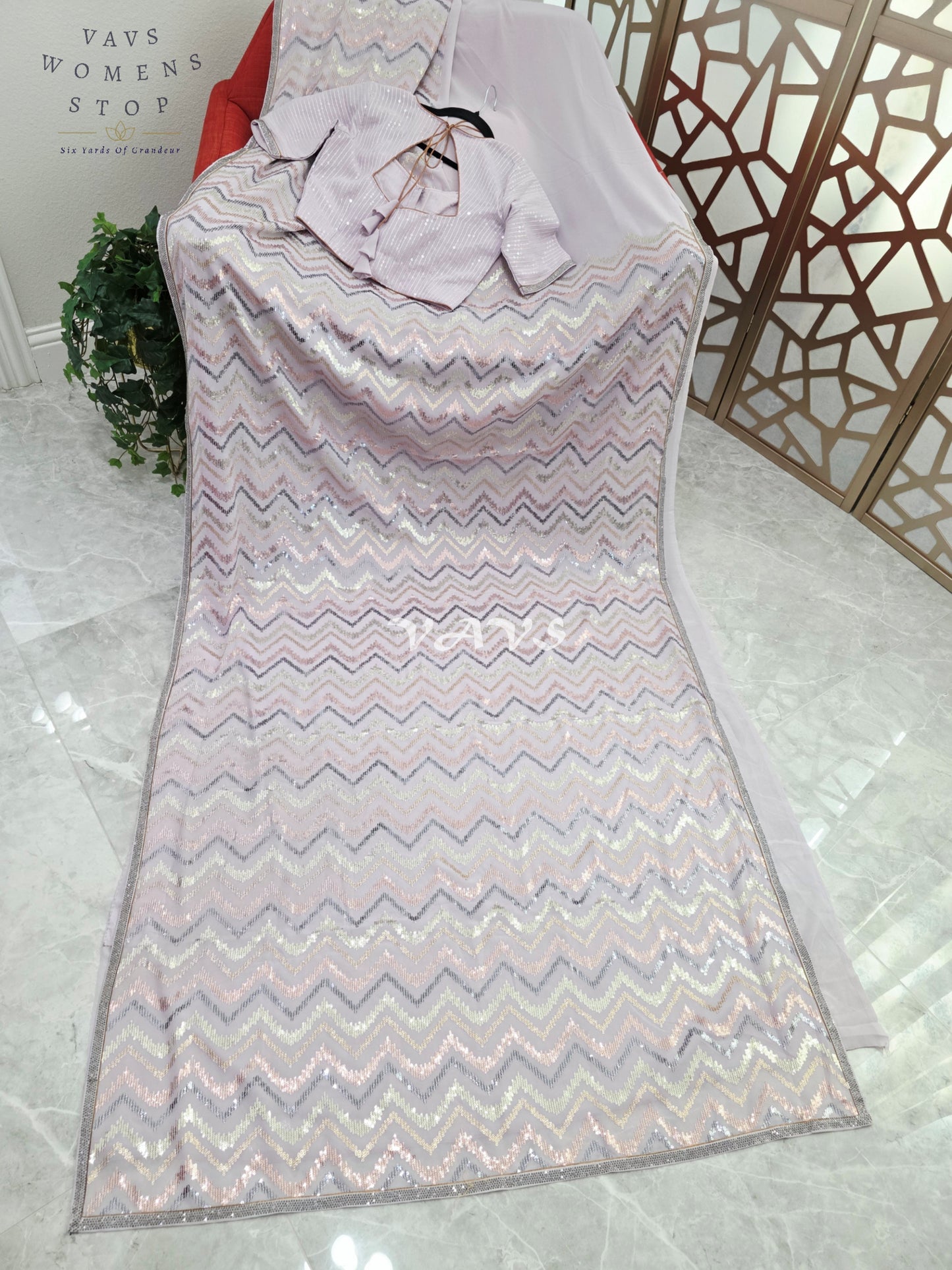 Pearl Lilac Viscose Georgette Chevron Sequin Saree with Stitched Blouse Size 34, Extendable to 40