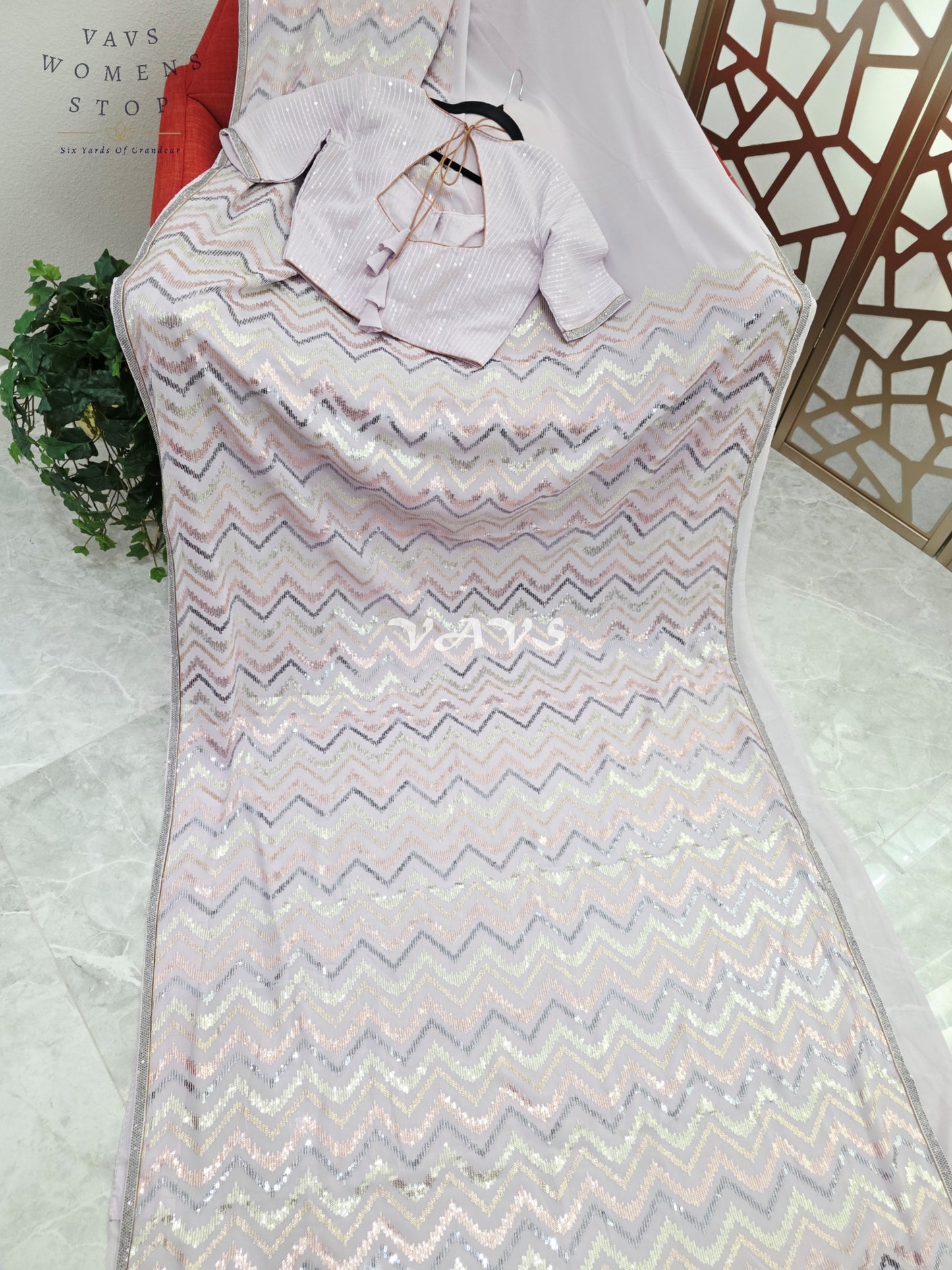 Moonlit Lavender Premium Georgette Saree with Multicolor Chevron Sequins & Stitched Blouse Size 34-40