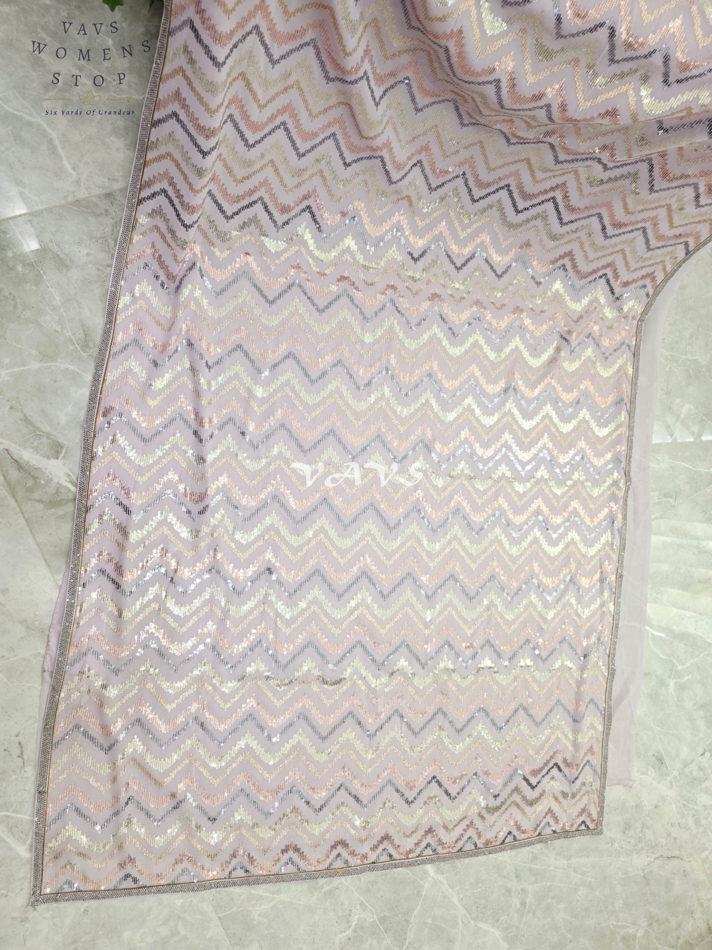 Moonlit Lavender Premium Georgette Saree with Multicolor Chevron Sequins & Stitched Blouse Size 34-40