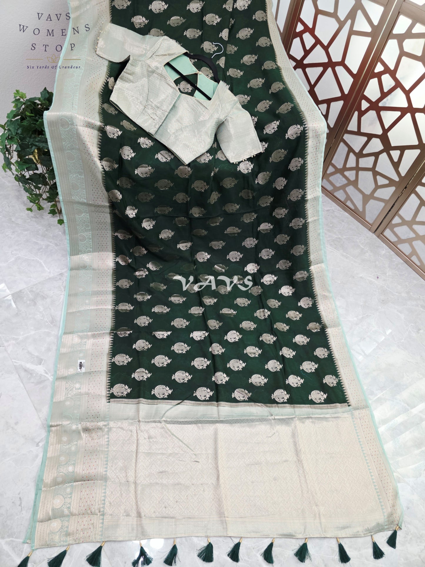 Emerald Pine Semi Mango Banarasi Silk Saree with Light Gold Zari & Stitched Blouse Size 38-44/AI-Generated Model Image | Styling Inspiration Only