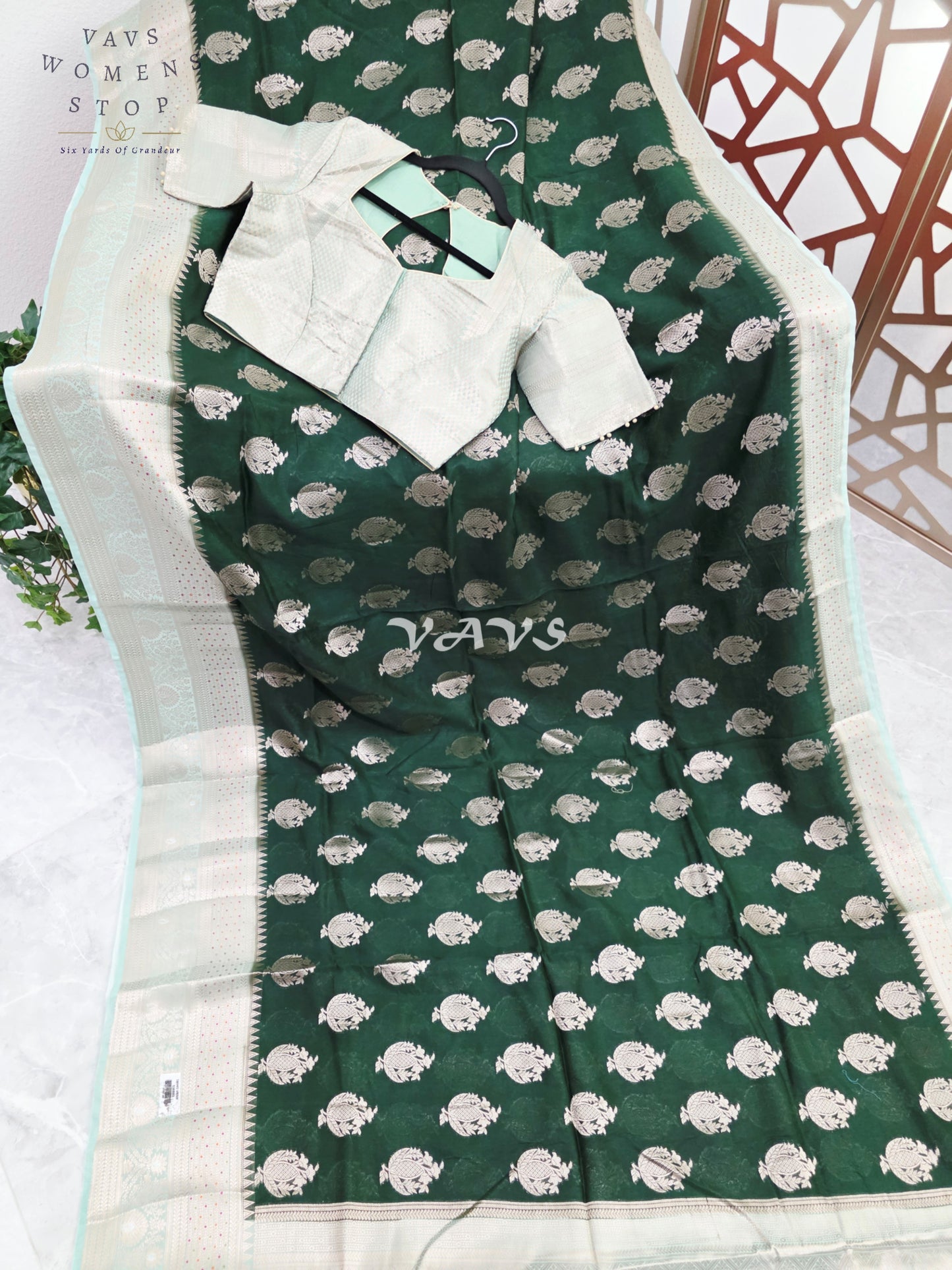 Emerald Pine Semi Mango Banarasi Silk Saree with Light Gold Zari & Stitched Blouse Size 38-44/AI-Generated Model Image | Styling Inspiration Only