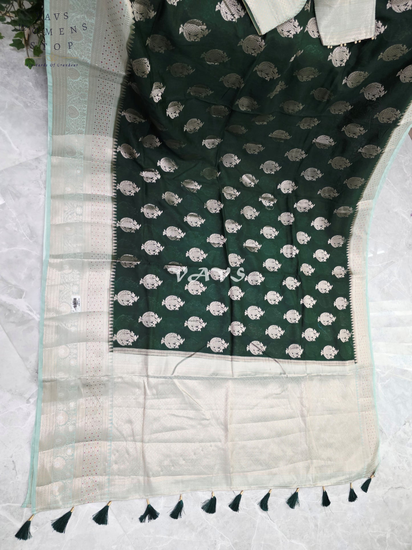 Emerald Pine Semi Mango Banarasi Silk Saree with Light Gold Zari & Stitched Blouse Size 38-44/AI-Generated Model Image | Styling Inspiration Only
