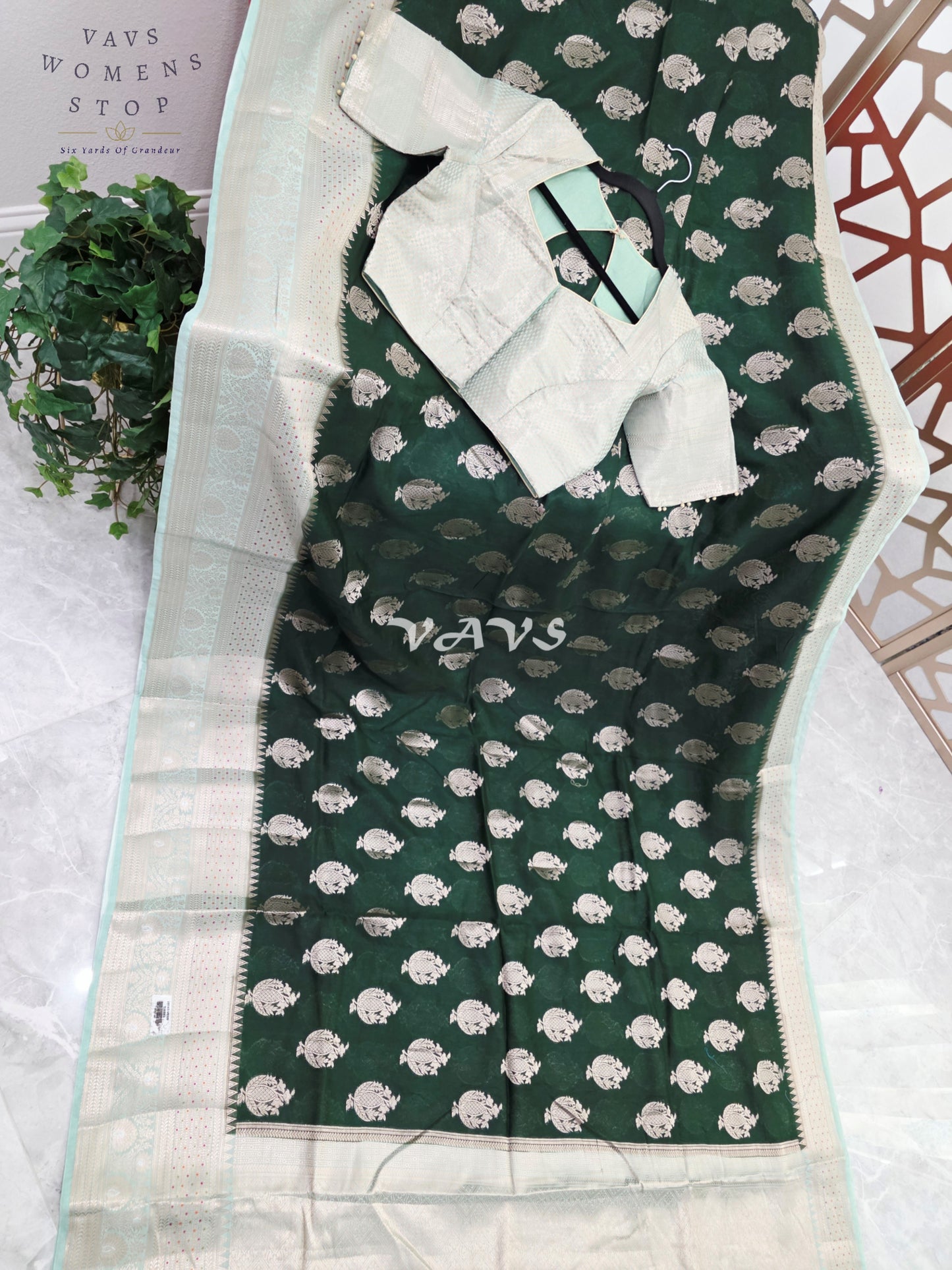 Emerald Pine Semi Mango Banarasi Silk Saree with Light Gold Zari & Stitched Blouse Size 38-44/AI-Generated Model Image | Styling Inspiration Only