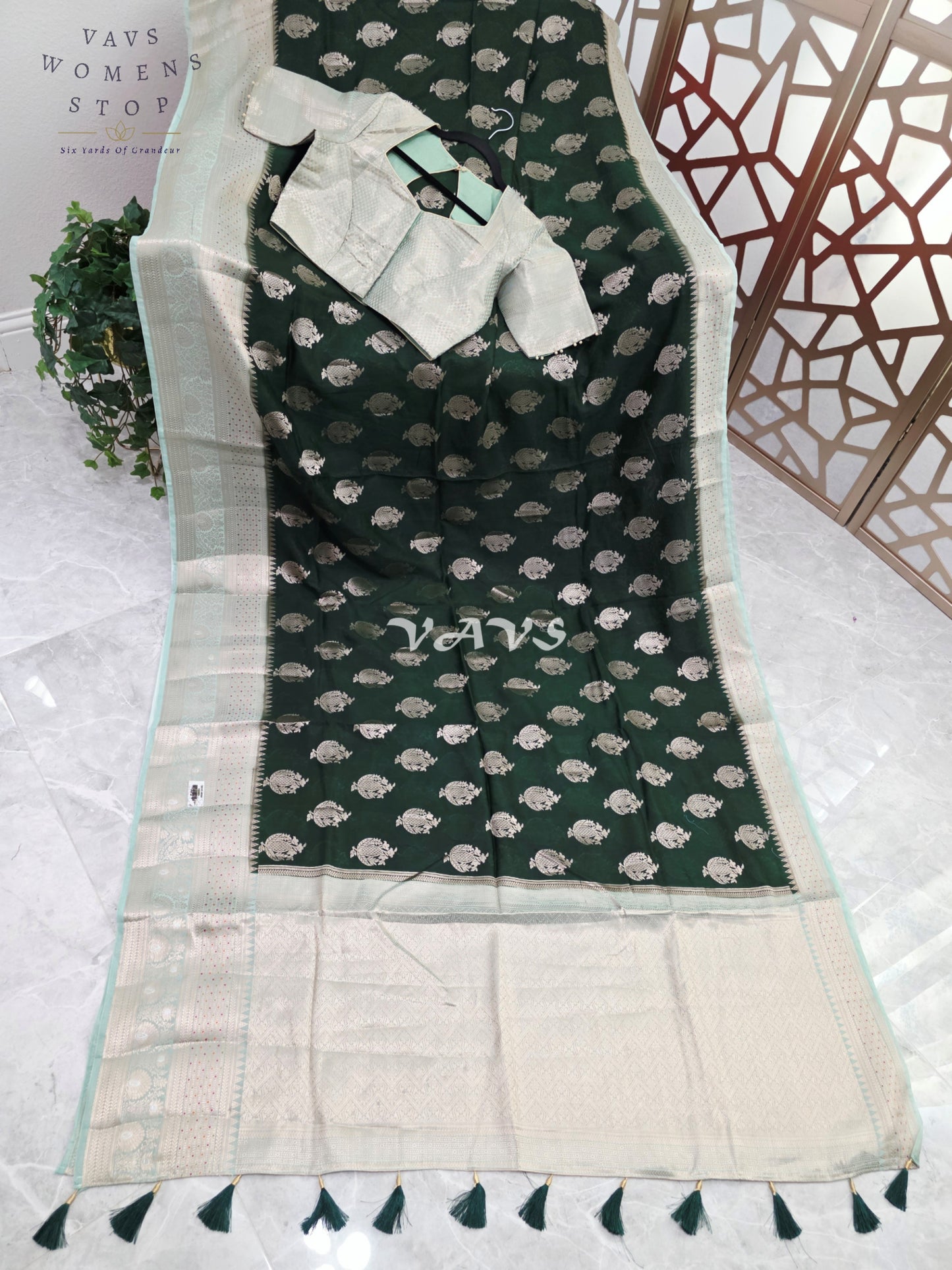 Emerald Pine Semi Mango Banarasi Silk Saree with Light Gold Zari & Stitched Blouse Size 38-44/AI-Generated Model Image | Styling Inspiration Only