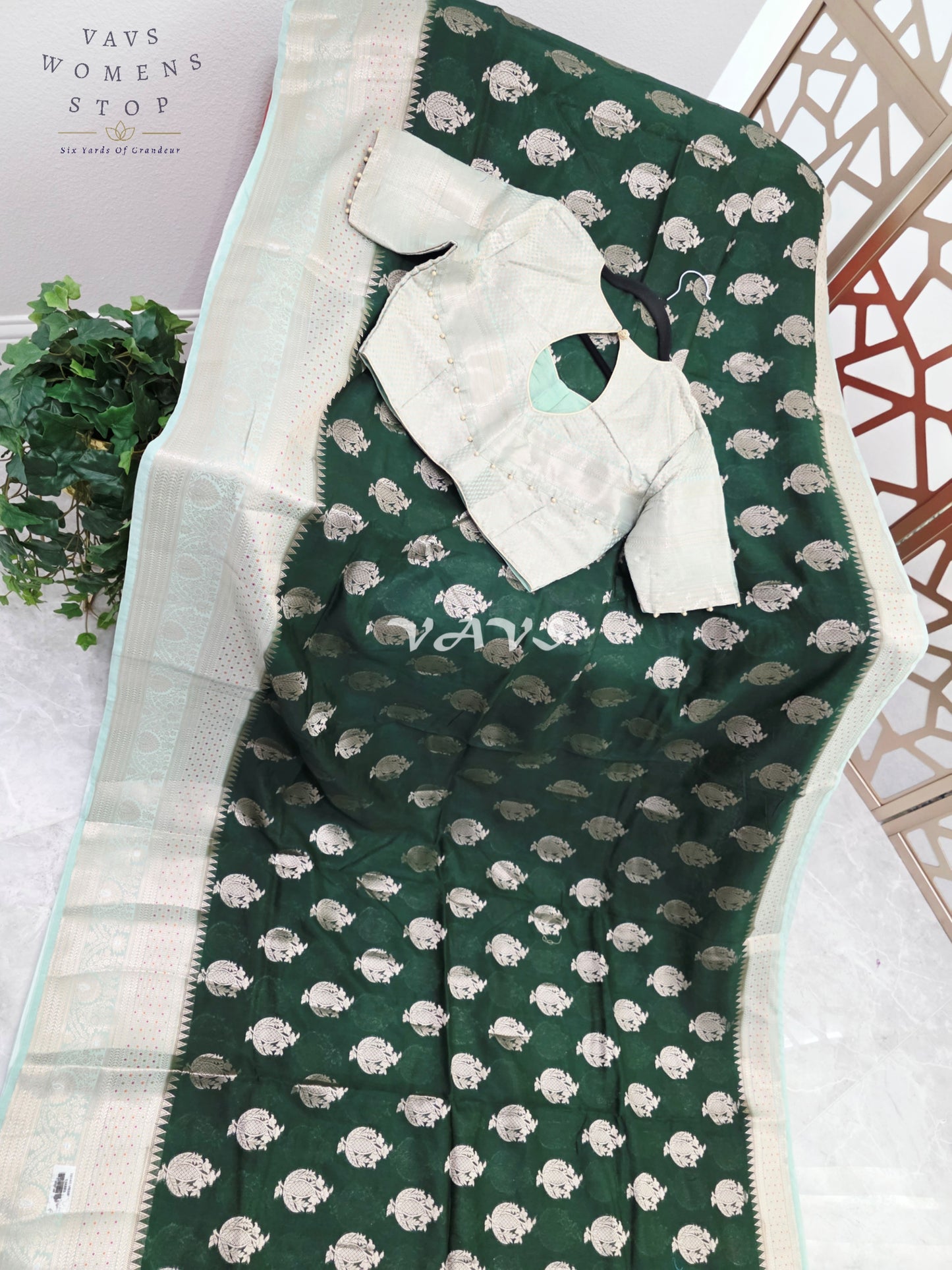 Emerald Pine Semi Mango Banarasi Silk Saree with Light Gold Zari & Stitched Blouse Size 38-44/AI-Generated Model Image | Styling Inspiration Only