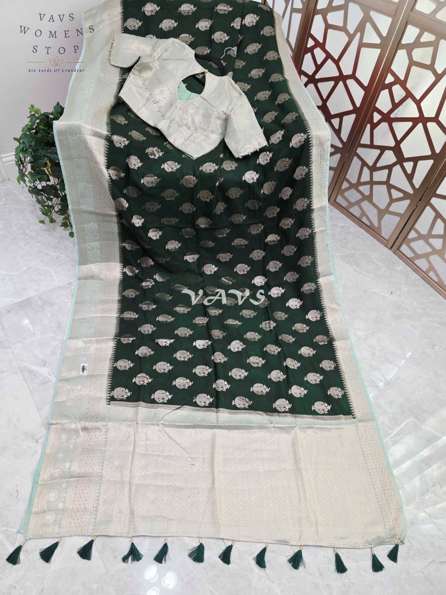Emerald Pine Semi Mango Banarasi Silk Saree with Light Gold Zari & Stitched Blouse Size 38-44/AI-Generated Model Image | Styling Inspiration Only