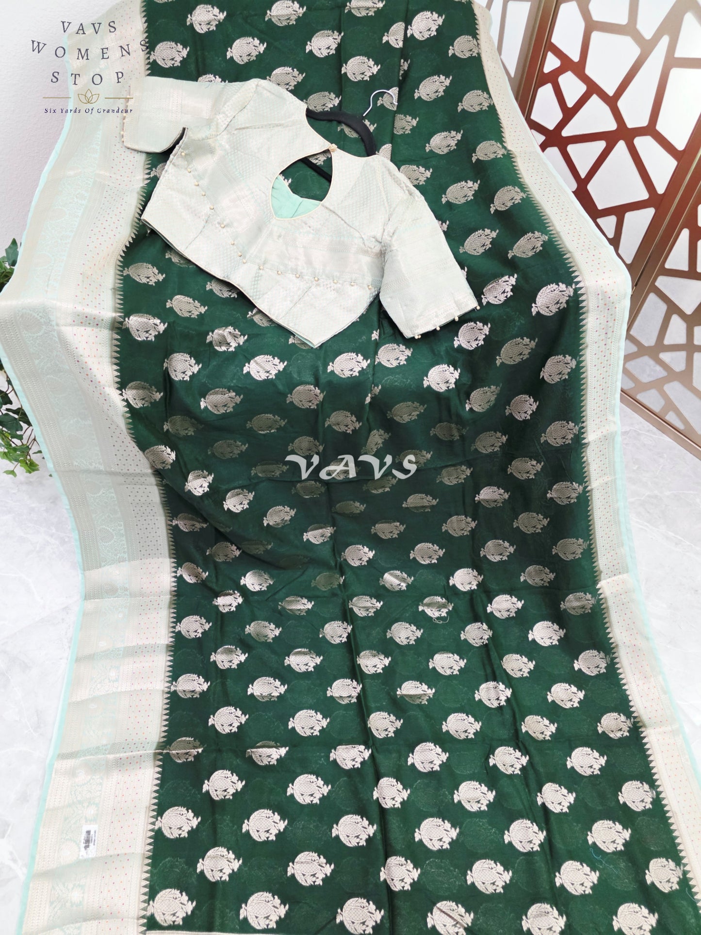 Emerald Pine Semi Mango Banarasi Silk Saree with Light Gold Zari & Stitched Blouse Size 38-44/AI-Generated Model Image | Styling Inspiration Only