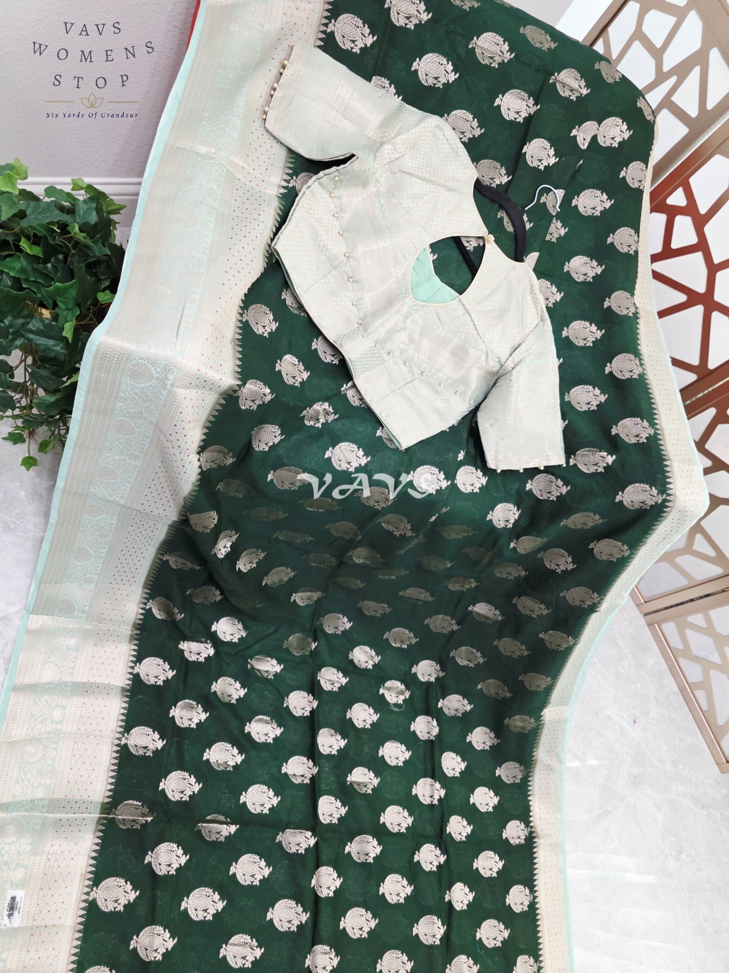 Emerald Pine Semi Mango Banarasi Silk Saree with Light Gold Zari & Stitched Blouse Size 38-44/AI-Generated Model Image | Styling Inspiration Only