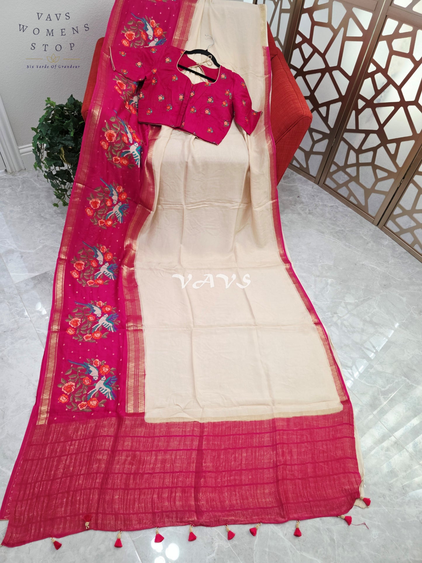 Ivory Pearl Semi Mysore Crepe Silk Saree with Fuchsia Pink Parrot Embroidery Border & Stitched Blouse Size 38-44