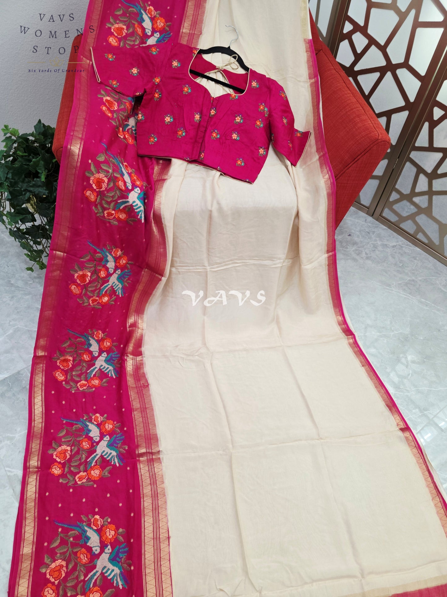 Ivory Pearl Semi Mysore Crepe Silk Saree with Fuchsia Pink Parrot Embroidery Border & Stitched Blouse Size 38-44