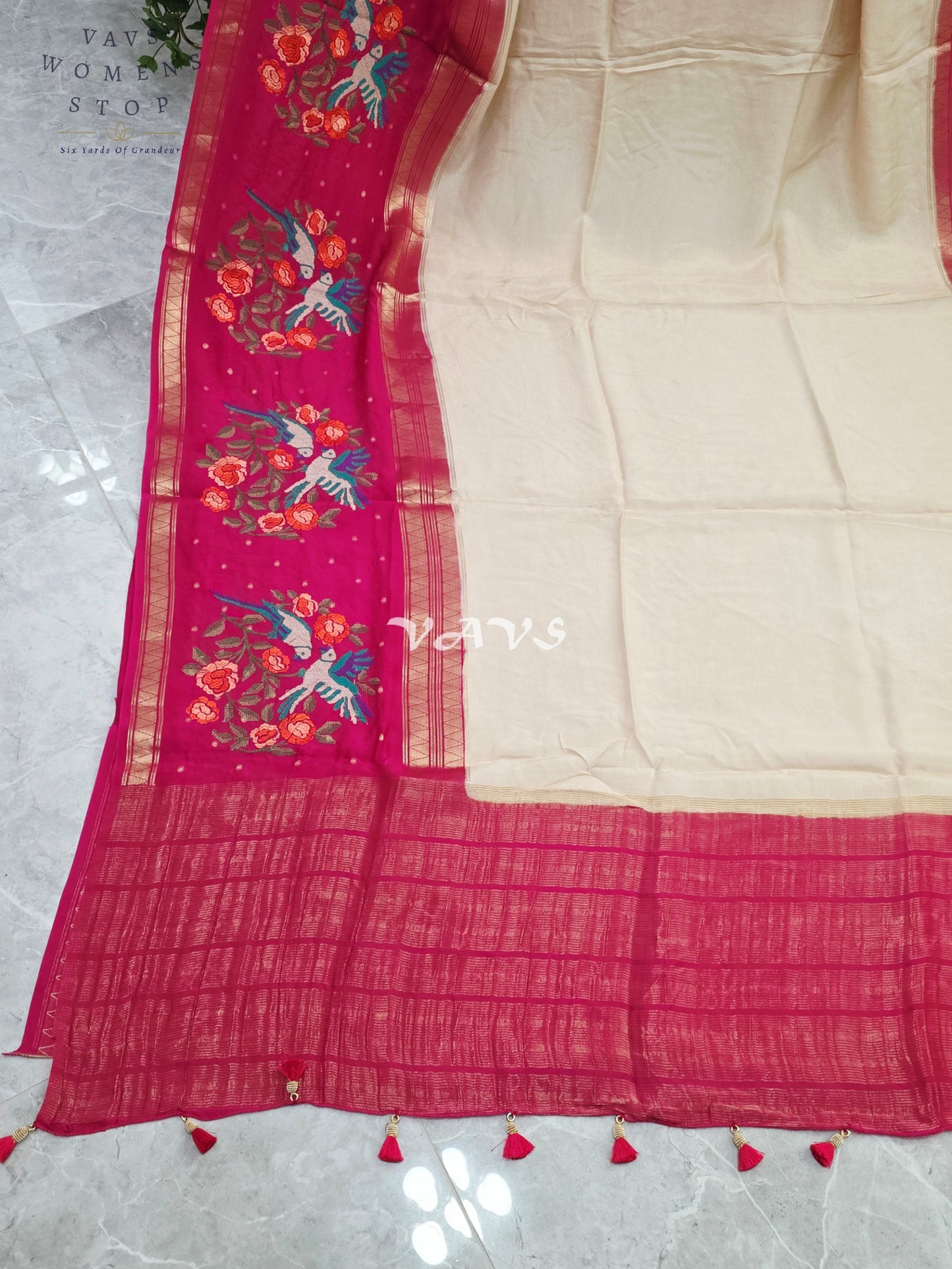 Ivory Pearl Semi Mysore Crepe Silk Saree with Fuchsia Pink Parrot Embroidery Border & Stitched Blouse Size 38-44