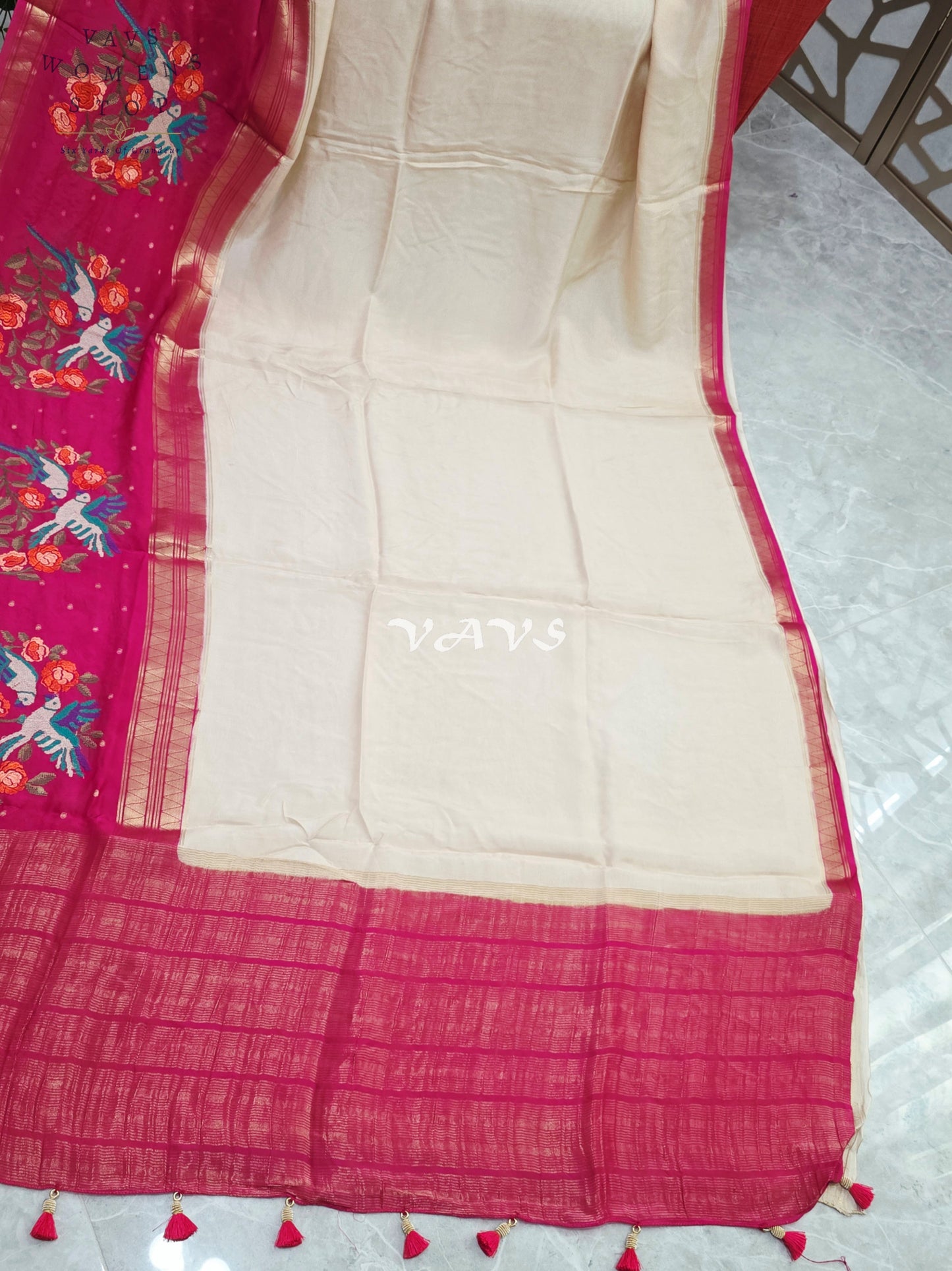 Ivory Pearl Semi Mysore Crepe Silk Saree with Fuchsia Pink Parrot Embroidery Border & Stitched Blouse Size 38-44