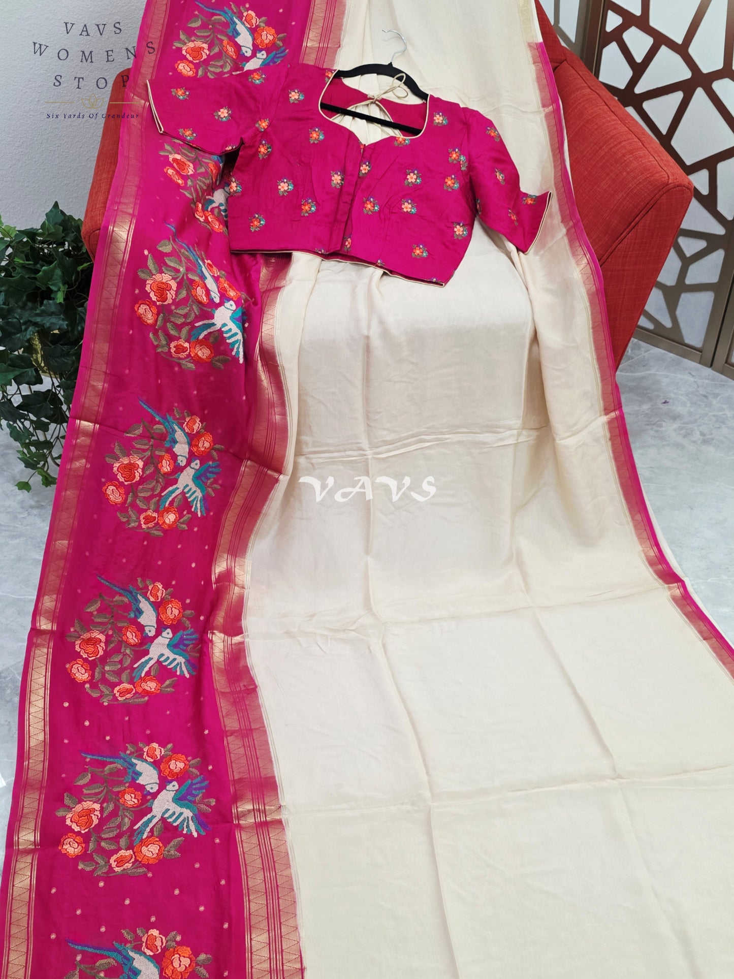 Ivory Pearl Semi Mysore Crepe Silk Saree with Fuchsia Pink Parrot Embroidery Border & Stitched Blouse Size 38-44