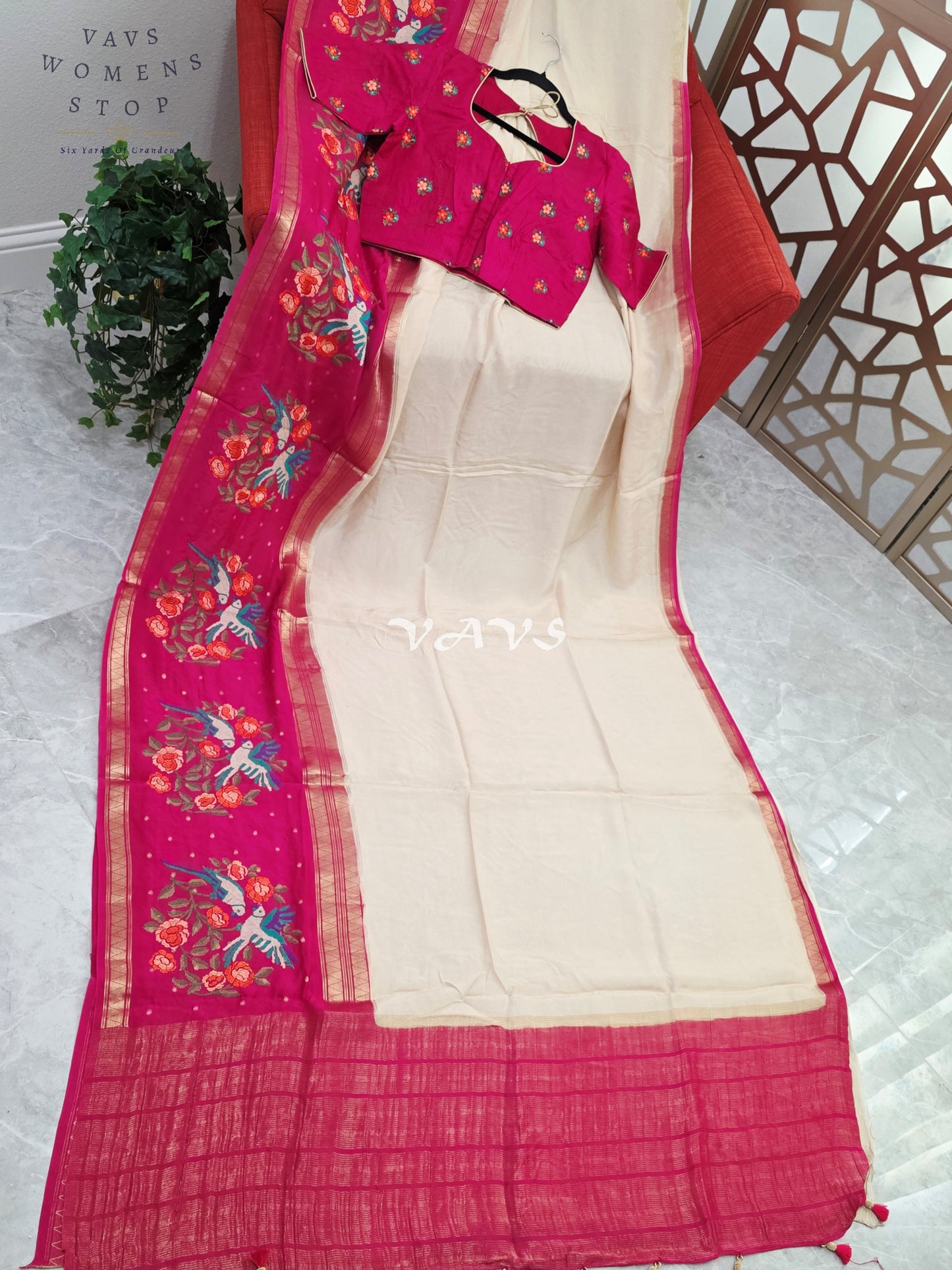Ivory Pearl Semi Mysore Crepe Silk Saree with Fuchsia Pink Parrot Embroidery Border & Stitched Blouse Size 38-44