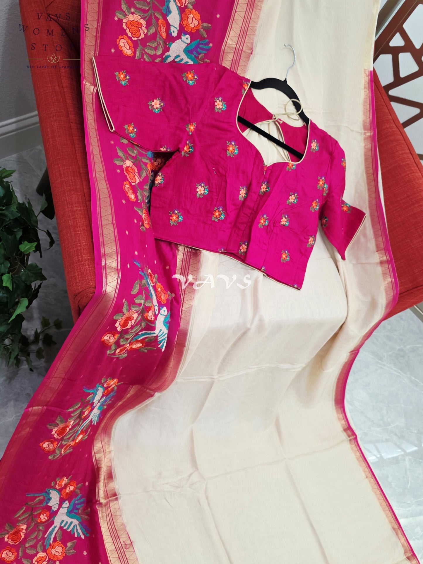 Ivory Pearl Semi Mysore Crepe Silk Saree with Fuchsia Pink Parrot Embroidery Border & Stitched Blouse Size 38-44