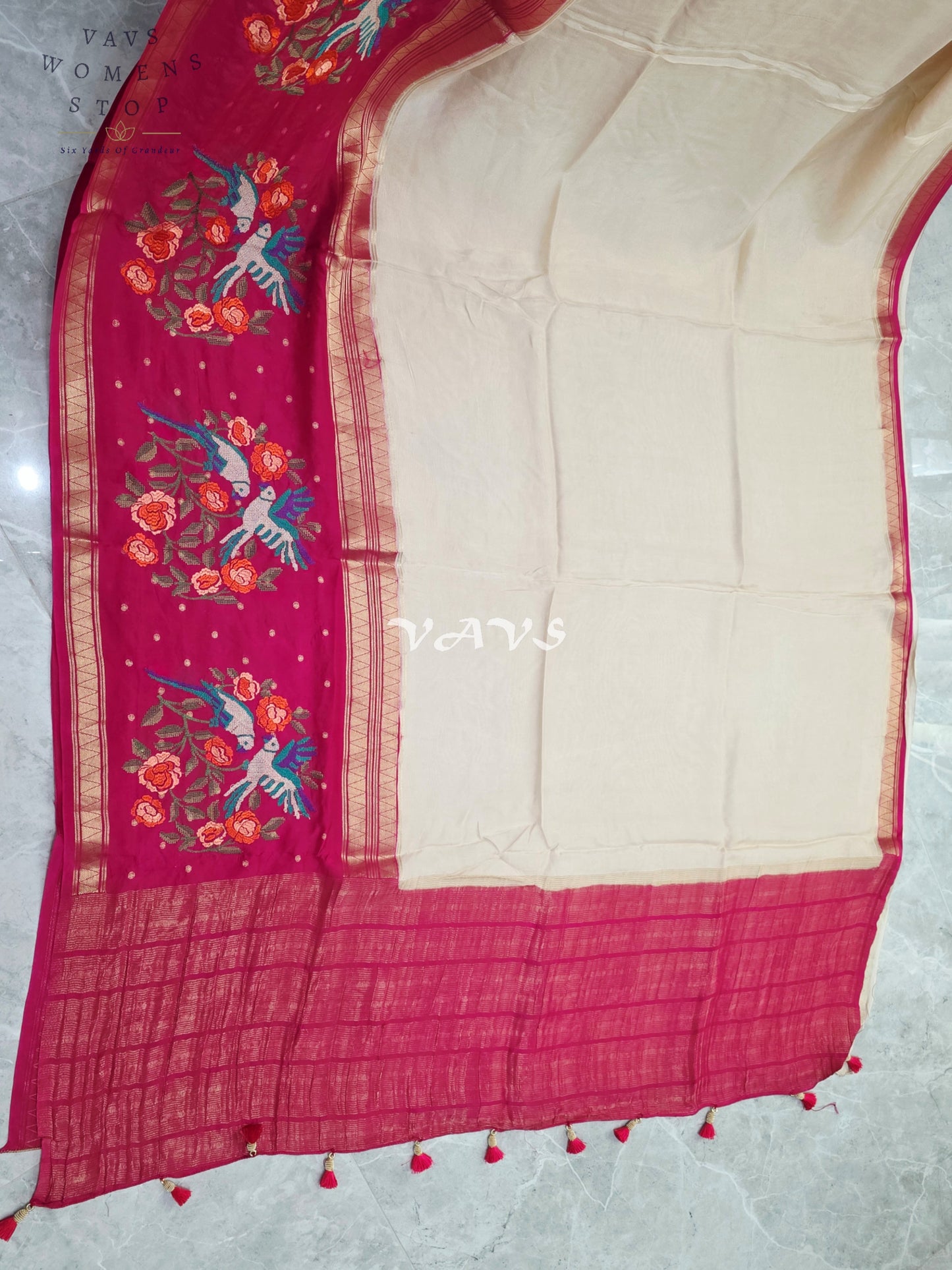Ivory Pearl Semi Mysore Crepe Silk Saree with Fuchsia Pink Parrot Embroidery Border & Stitched Blouse Size 38-44