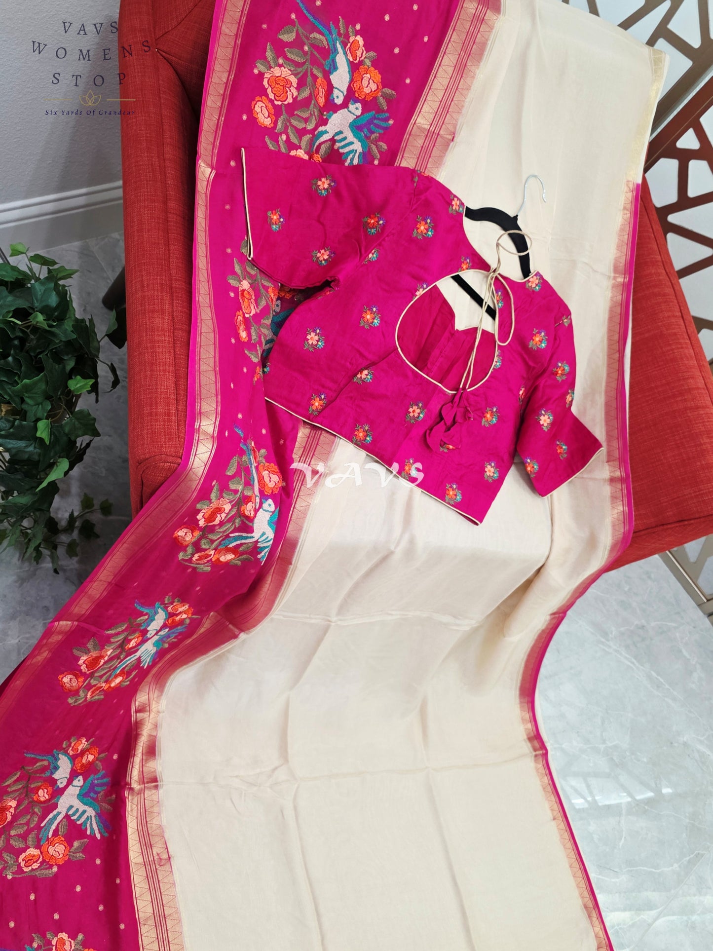 Ivory Pearl Semi Mysore Crepe Silk Saree with Fuchsia Pink Parrot Embroidery Border & Stitched Blouse Size 38-44