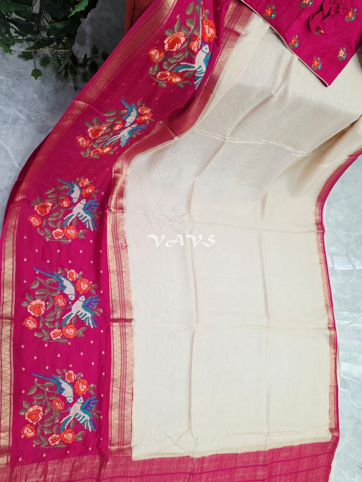 Ivory Pearl Semi Mysore Crepe Silk Saree with Fuchsia Pink Parrot Embroidery Border & Stitched Blouse Size 38-44