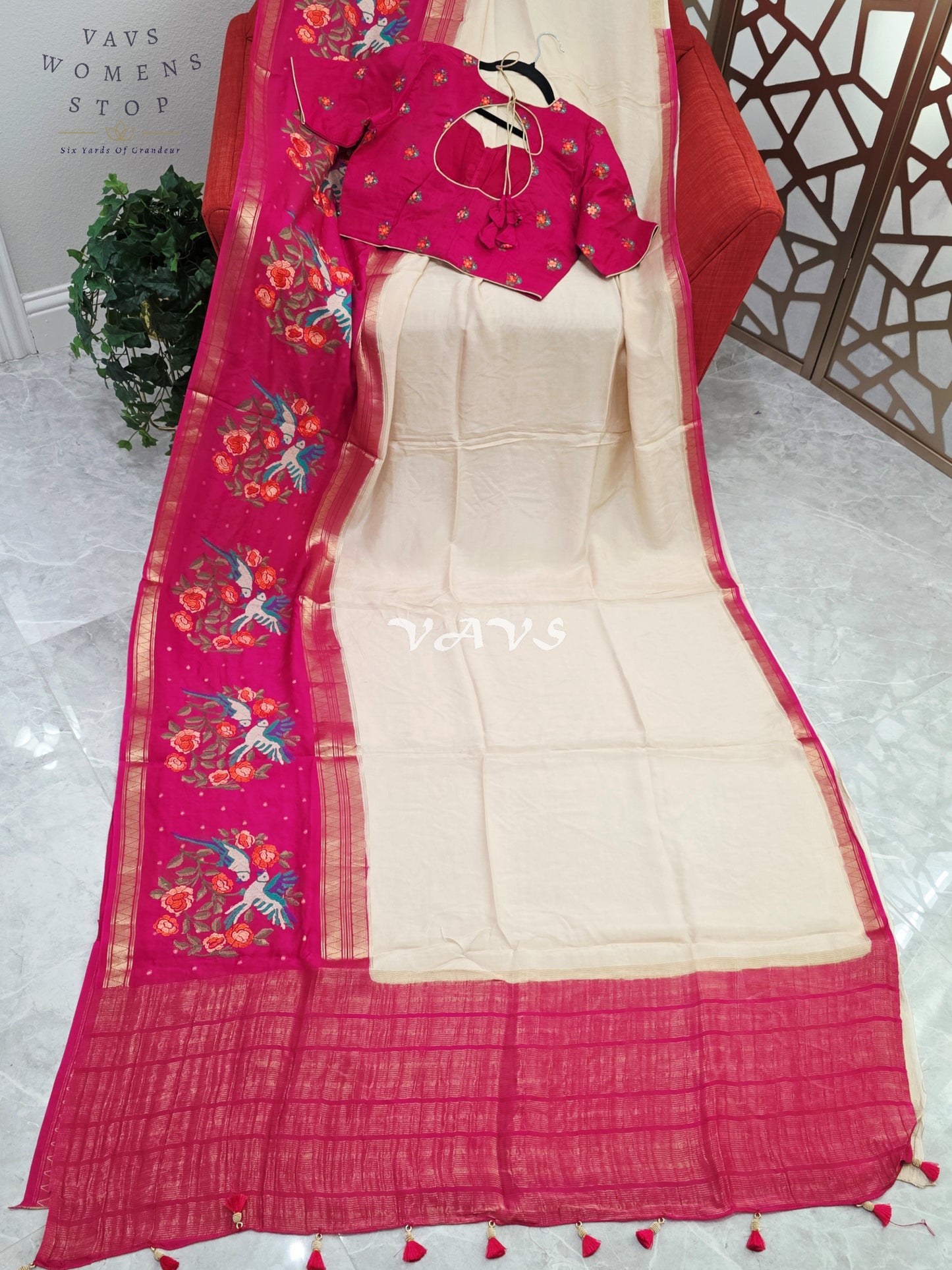 Ivory Pearl Semi Mysore Crepe Silk Saree with Fuchsia Pink Parrot Embroidery Border & Stitched Blouse Size 38-44