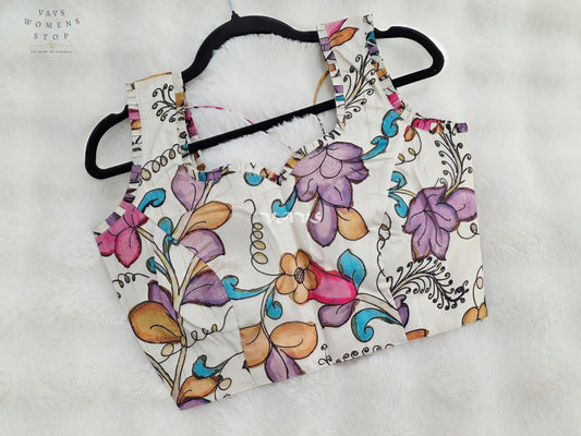 Ivory Pearl Multicolor Floral Print Sleeveless Stitched Saree Blouse Size 36-42