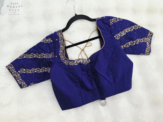 Royal Sapphire Blue Hand-Embroidered Maggam Work Stitched Blouse Size 36-42