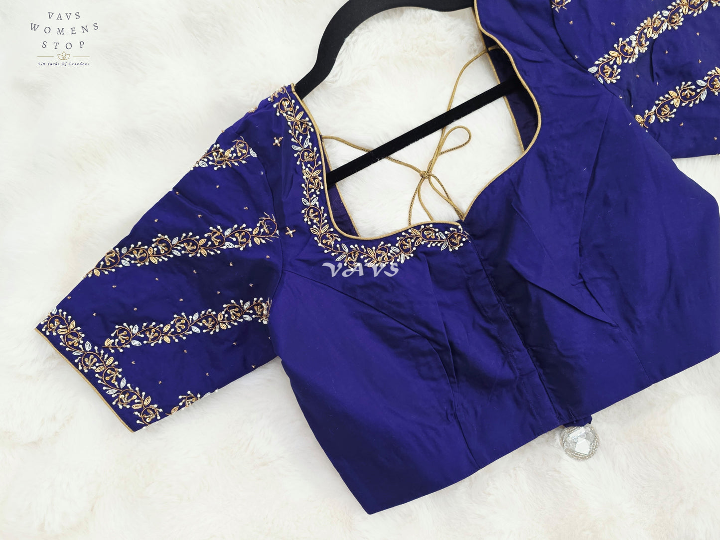 Royal Sapphire Blue Hand-Embroidered Maggam Work Stitched Blouse Size 36-42