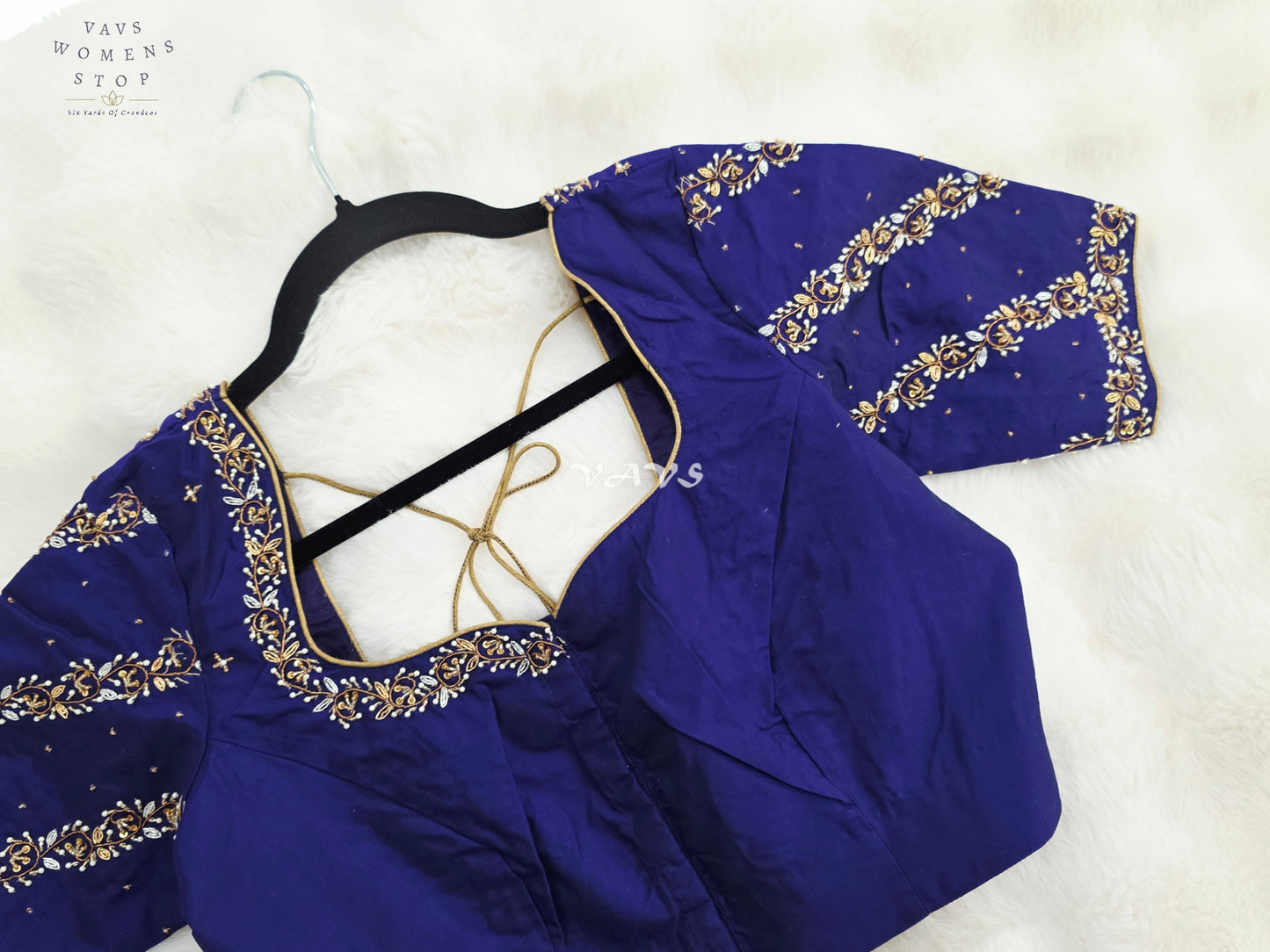 Royal Sapphire Blue Hand-Embroidered Maggam Work Stitched Blouse Size 36-42