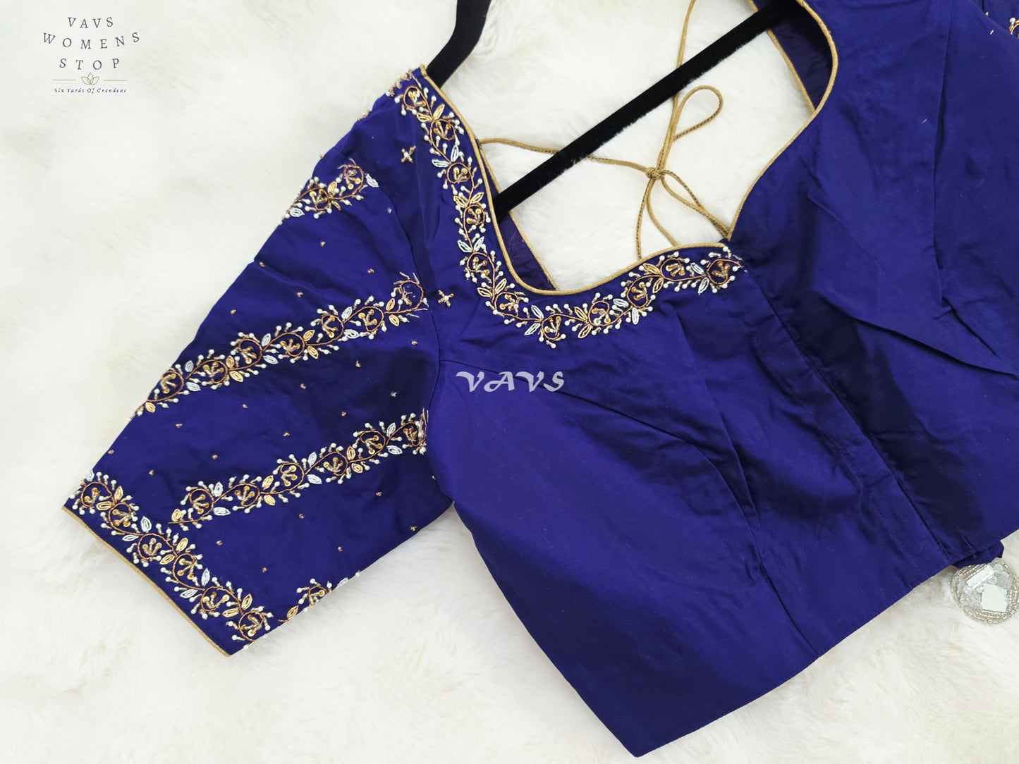 Royal Sapphire Blue Hand-Embroidered Maggam Work Stitched Blouse Size 36-42